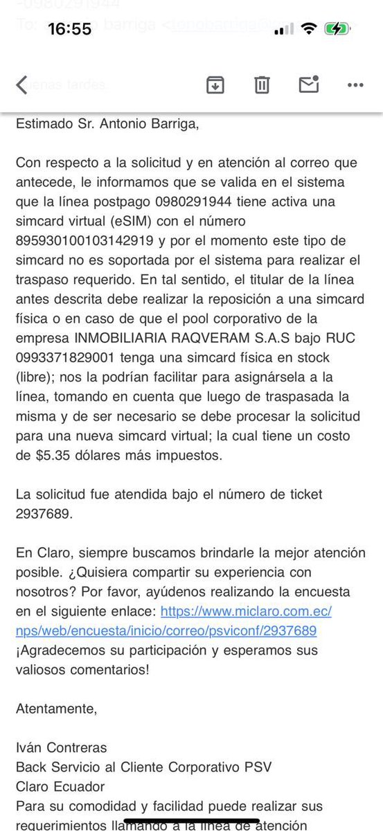 mebasantes's tweet photo. @ClaroEcua Eso es lo q me dicen al respecto de esa línea. Pero no entiendo por qué si hay otras líneas q también tienen esim y no están pidiendo lo mismo https://t.co/PRyiTB2BK8