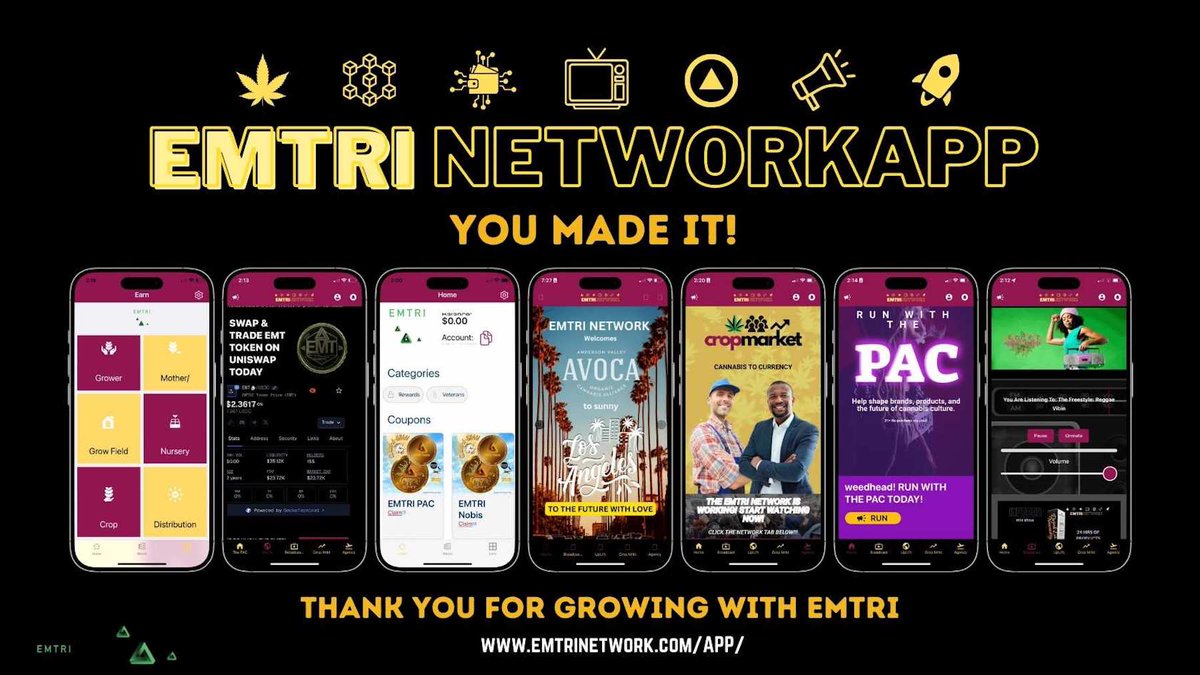 EMTRITOKEN's tweet photo. 🚨 This ain’t your average app.
The EMTRI NETWORK APP is where real ones tap in for:
🧠 Blockchain technology 💳 Digital wallet access
📡 Streaming platform 🎧 EMTRI Radio
🌿 And yeah… FREE WEED inside app. Infinite energy
#EMTRINetwork #FreeWeed https://t.co/u6PmbAB0dI