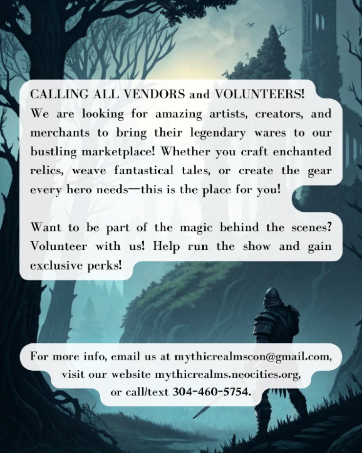artefaktual's tweet photo. Call for artists/authors! We're looking for all kinds of indie artists, crafters, and authors to join us for Mythic Realms this Memorial Day weekend! Be sure to tag or share with your favorite local creators! #mythicrealms2025 #vendorcall https://t.co/joUCU1oosR
