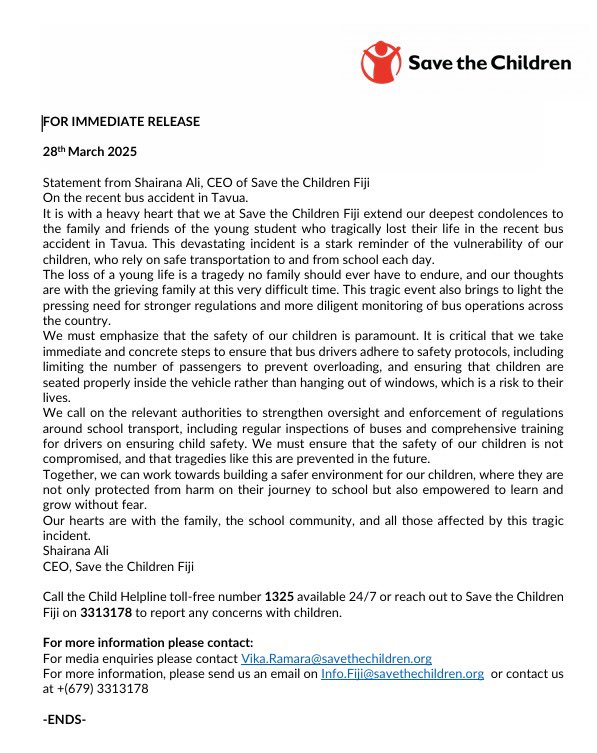 Statement by Shairana Ali, CEO of Save the Children Fiji
On the recent bus accident in Tavua.