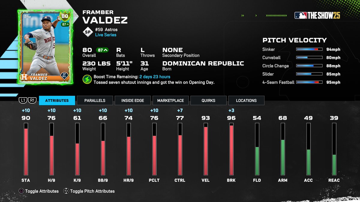 MLBTheShow's tweet photo. Another amazing performance by Framber Valdez! 🔥 #OpeningDay 

Framber gets 🔋#Supercharged🔋for the next 3️⃣ days!

#MLBTheShowSC #BuiltForThis https://t.co/wuiRjmQU8I