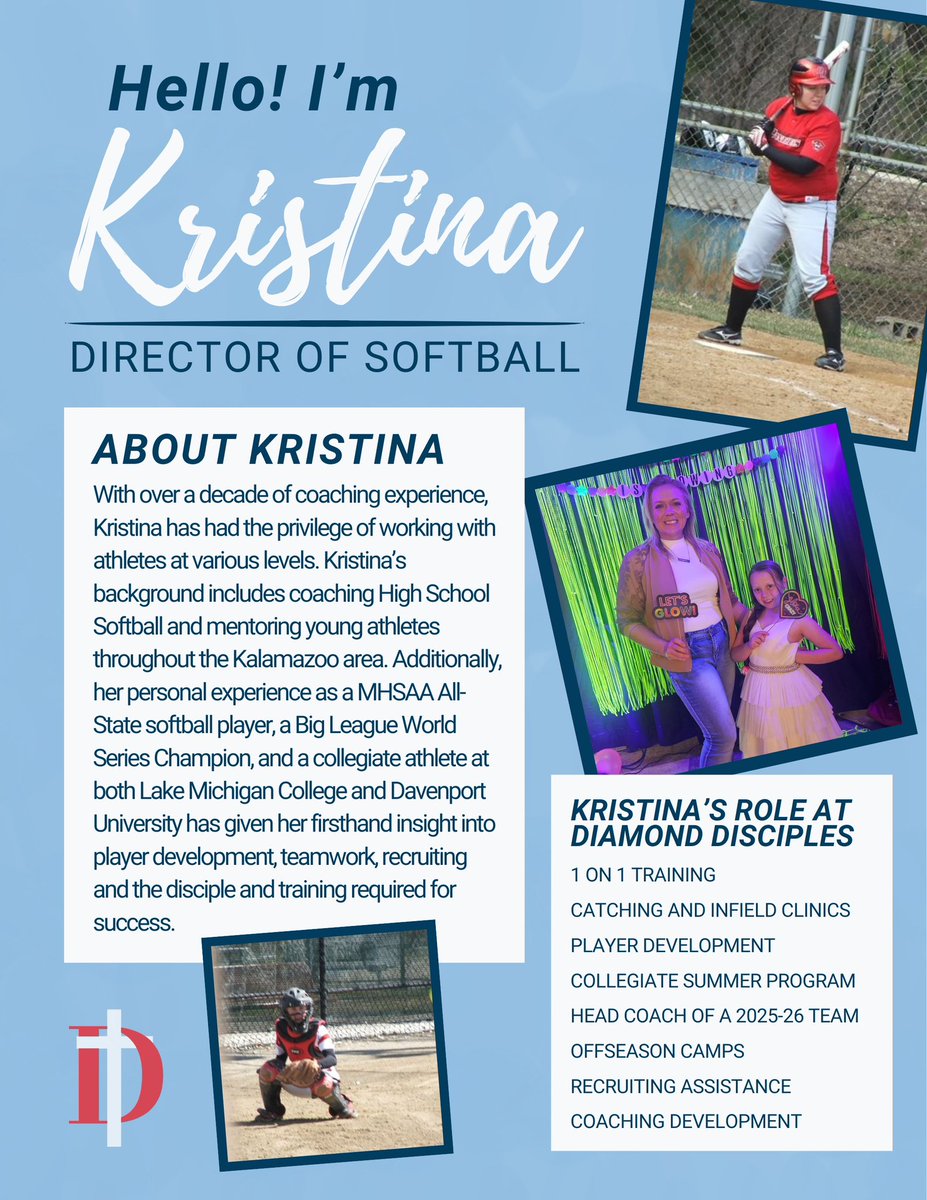 Please let us introduce our new Director of Softball! 

This new full time role within our organization will allow us to elevate our softball opportunities to athletes, families, teams and the community!

You can book lessons with her at the link below. 
diamonddisciples.as.me/?calendarID=11…