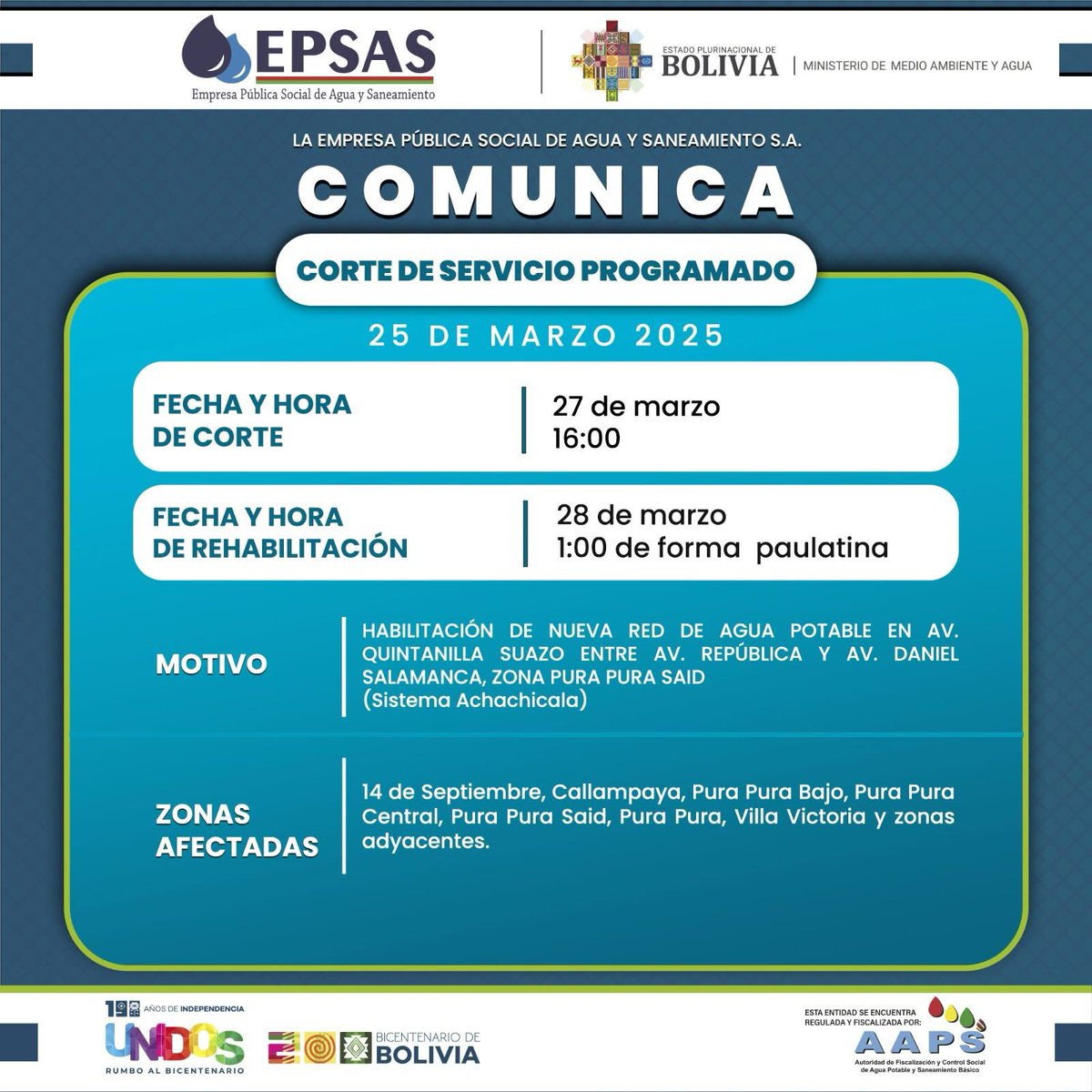 ContBolivia's tweet image. #Sociedad | #EPSAS comunica el corte de servicio programando para más de siete zonas en #LaPaz.