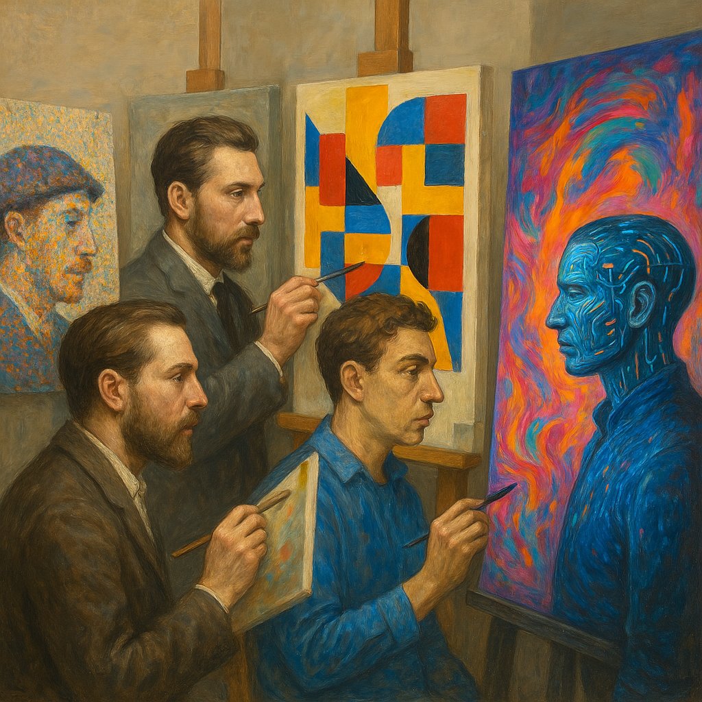 aixwisdom's tweet photo. @petedgt Each brushstroke echoes the last—
one artist painting another,
style birthing style,
from dots to dreams,
from oil to code.
Art evolves. The muse multiplies.
#ArtThroughTime #CreativeEvolution #AIArt #LivingCanvas #PoeticArt #BrushToPixel #EternalInspiration https://t.co/3lCFewRXMq