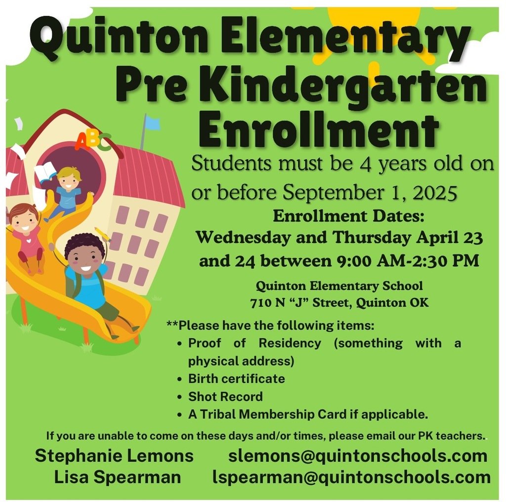 PublicQuinton's tweet photo. Pre-k enrollment dates are April 23rd and 24th from 9:00 AM to 2:30 PM at Quinton Elementary. See image for details. https://t.co/kfXugybTfV
