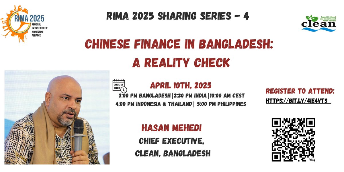 RIMA 2025 Sharing Series 4 - where we share our experience &amp; expertise on how to advocate for China-related infrastructure investments.  Please Register: bit.ly/4iE4VTs   
Date &amp; Time:   April 25th, 2025 
3:00 PM Bangladesh| 10:00 AM CEST #ChineseFinance #RIMA #Webinar
