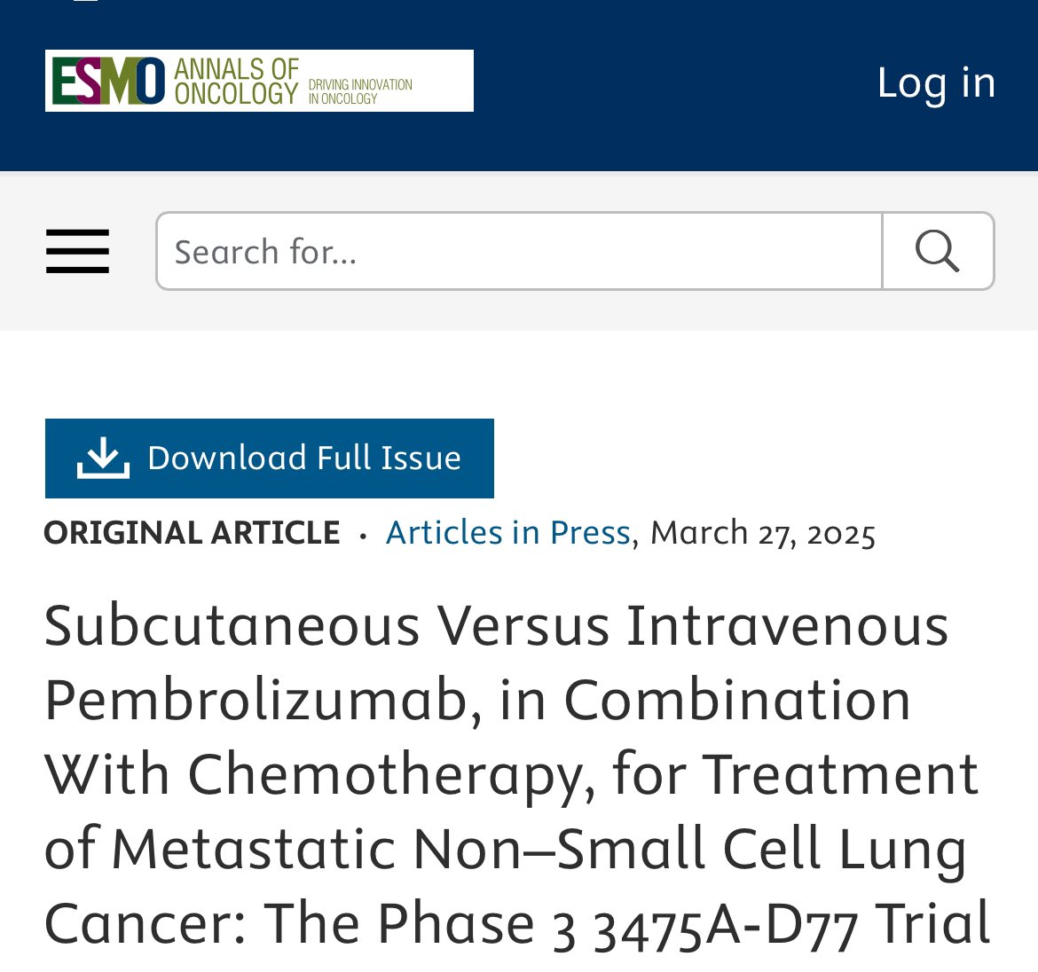 Rami Manochakian MD, FASCO Cancer Education (@rmanochakian) on Twitter photo 🔥🚨<a href="/OncoAlert/">OncoAlert</a> Hot off the press.
Just published <a href="/Annals_Oncology/">Annals of Oncology</a>
In conjunction with presentation <a href="/myESMO/">ESMO - Eur. Oncology</a> #ELCC2025
Results of phase 3 trial of:
#Subcutaneous Vs #IV #Pembrolizumab (+ #Chemo) in Metastatic Non–Small Cell #LungCancer
#SQ (median admin time 2 minutes): 🔥🚨<a href="/OncoAlert/">OncoAlert</a> Hot off the press.
Just published <a href="/Annals_Oncology/">Annals of Oncology</a>
In conjunction with presentation <a href="/myESMO/">ESMO - Eur. Oncology</a> #ELCC2025
Results of phase 3 trial of:
#Subcutaneous Vs #IV #Pembrolizumab (+ #Chemo) in Metastatic Non–Small Cell #LungCancer
#SQ (median admin time 2 minutes):