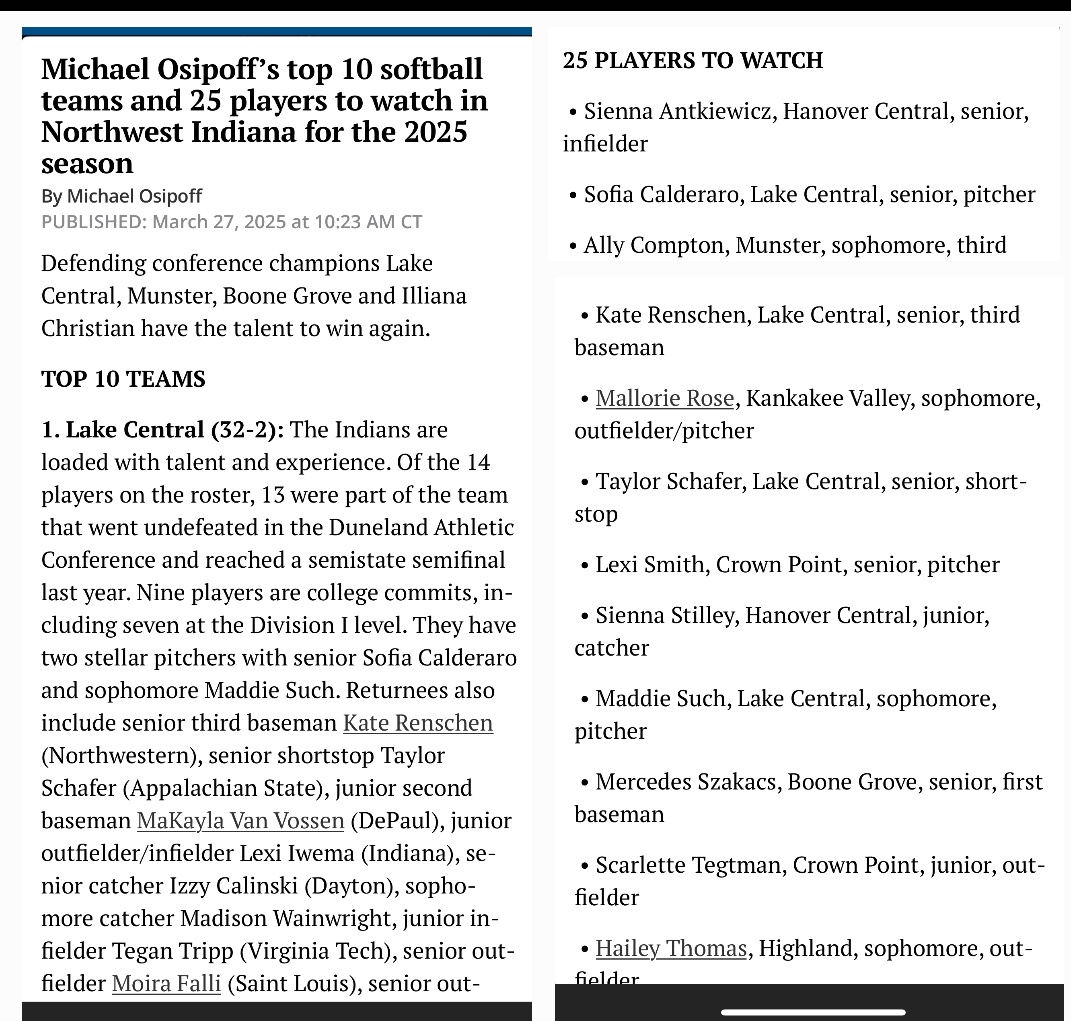 Madison Such (@madison_such) on Twitter photo Thanks <a href="/MichaelOsipoff/">Michael Osipoff</a> and <a href="/PostTribSports/">Post-Tribune Sports</a> for the recogntion going into this season! #weareLC #rolltribe
<a href="/LakeCentralSB/">🥎 Lake Central Softball 🥎</a> <a href="/MarkPorter23LC/">Mark Porter</a>
<a href="/ILChillGold/">Chill Gold Softball</a> <a href="/couch_chronicle/">Coach Yvette</a> <a href="/SCAIndiana/">Softball Coaches Association of Indiana</a> <a href="/AcceleratedFas1/">Accelerated Fastpitch Academy</a> <a href="/champmindcoach/">The Champion Mindset Coach</a> <a href="/rachelfolden25/">Rachel Folden</a> <a href="/SoftbalAmerica/">Softball America</a> <a href="/los_stuff/">Carlos Arias</a> Thanks <a href="/MichaelOsipoff/">Michael Osipoff</a> and <a href="/PostTribSports/">Post-Tribune Sports</a> for the recogntion going into this season! #weareLC #rolltribe
<a href="/LakeCentralSB/">🥎 Lake Central Softball 🥎</a> <a href="/MarkPorter23LC/">Mark Porter</a>
<a href="/ILChillGold/">Chill Gold Softball</a> <a href="/couch_chronicle/">Coach Yvette</a> <a href="/SCAIndiana/">Softball Coaches Association of Indiana</a> <a href="/AcceleratedFas1/">Accelerated Fastpitch Academy</a> <a href="/champmindcoach/">The Champion Mindset Coach</a> <a href="/rachelfolden25/">Rachel Folden</a> <a href="/SoftbalAmerica/">Softball America</a> <a href="/los_stuff/">Carlos Arias</a>