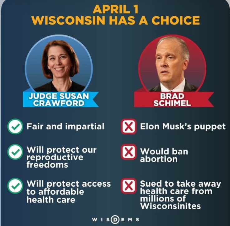 🚨 Wisconsin Supreme Court Race: Why It Matters

📌 This court could overturn a future election
📌 lock in GOP gerrymandering and
📌enforce a near-total abortion ban.

We need judges who believe in upholding our constitution.

Elect #JudgeSusanCrawford on April 1st!
