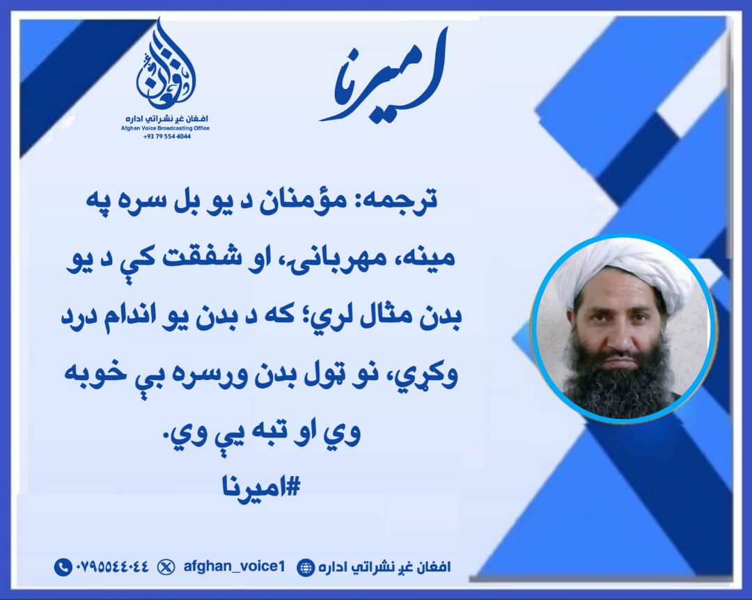 ترجمه: مؤمنان د یو بل سره په مینه، مهربانۍ، او شفقت کې د یو بدن مثال لري؛ که د بدن یو اندام درد وکړي، نو ټول بدن ورسره بې خوبه وي او تبه یې وي.
#امیرنا