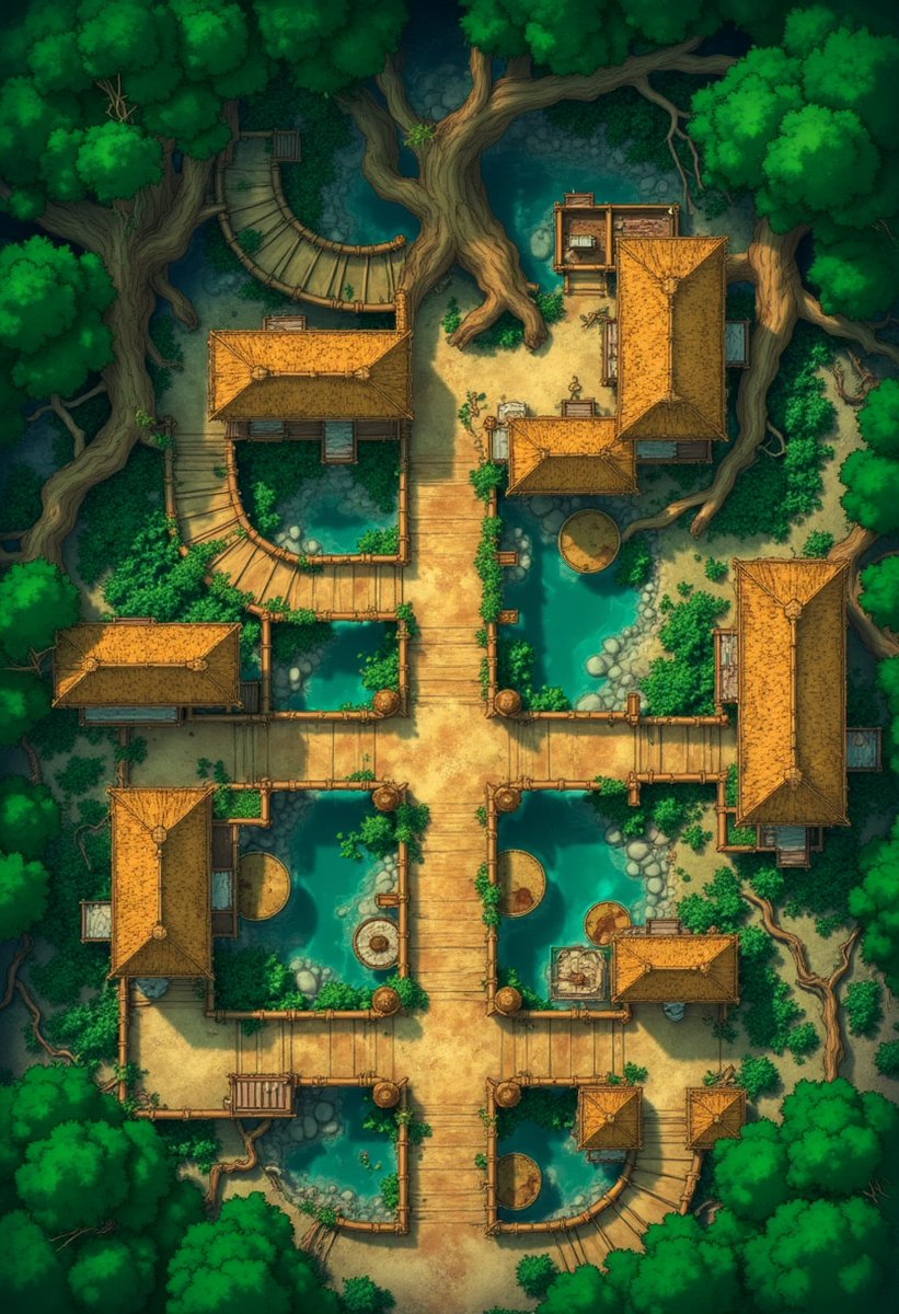 Serenity Over the Treetops! 

This forest village thrives in harmony—perfect for a peaceful encounter! 🌳

#dnd #ttrpg #dnd5e #dungeonsanddragons #battlemap #dndmap