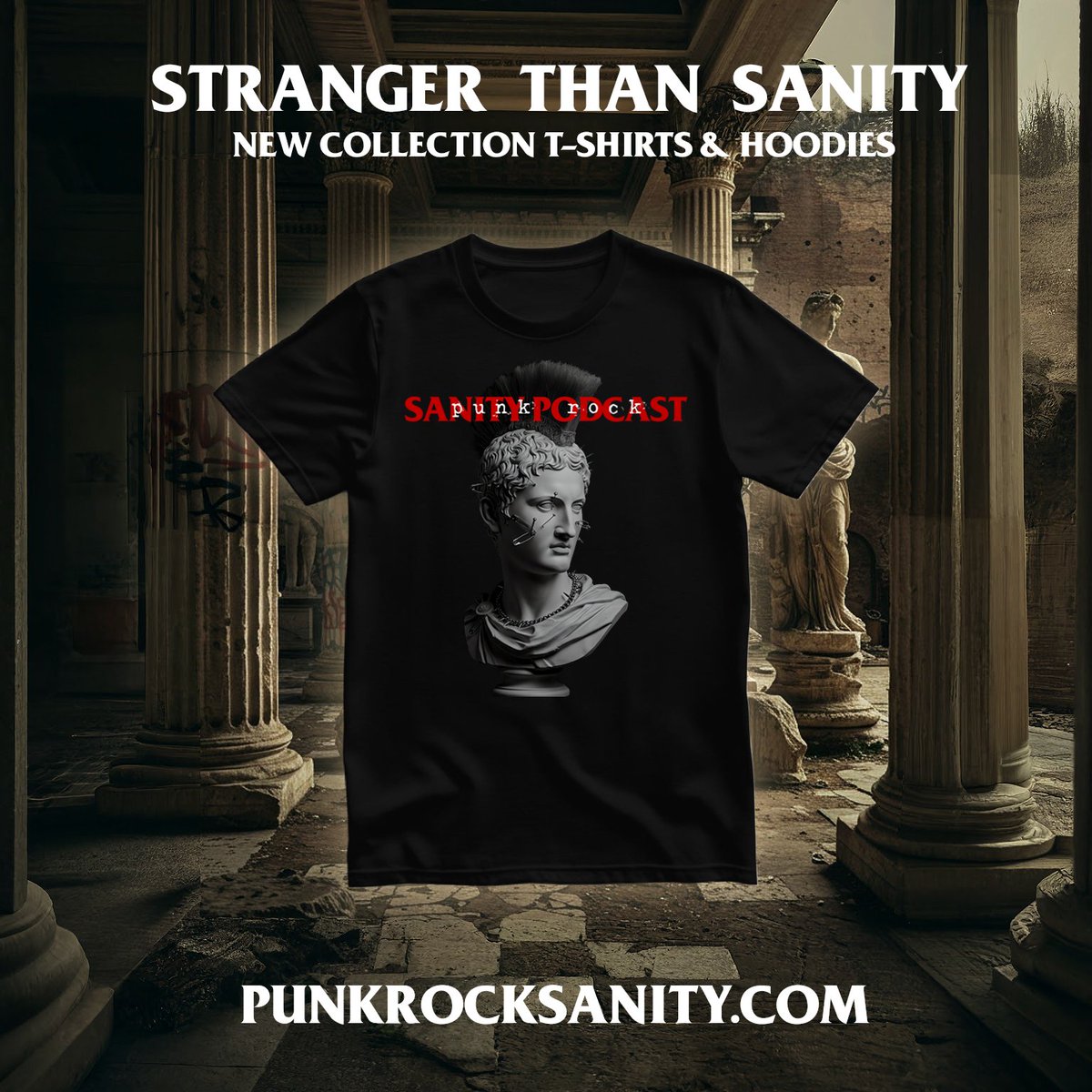 🔸️New merch alert! we bring you this limited collection STRANGER THAN SANITY! "Roman Punk Bust". Represent your favorite podcast in style with this classic  iconic design; t-shirts and hoodies now available shipping worldwide! 

#punkrocksanity #punkcast #skatepunk #punkrock