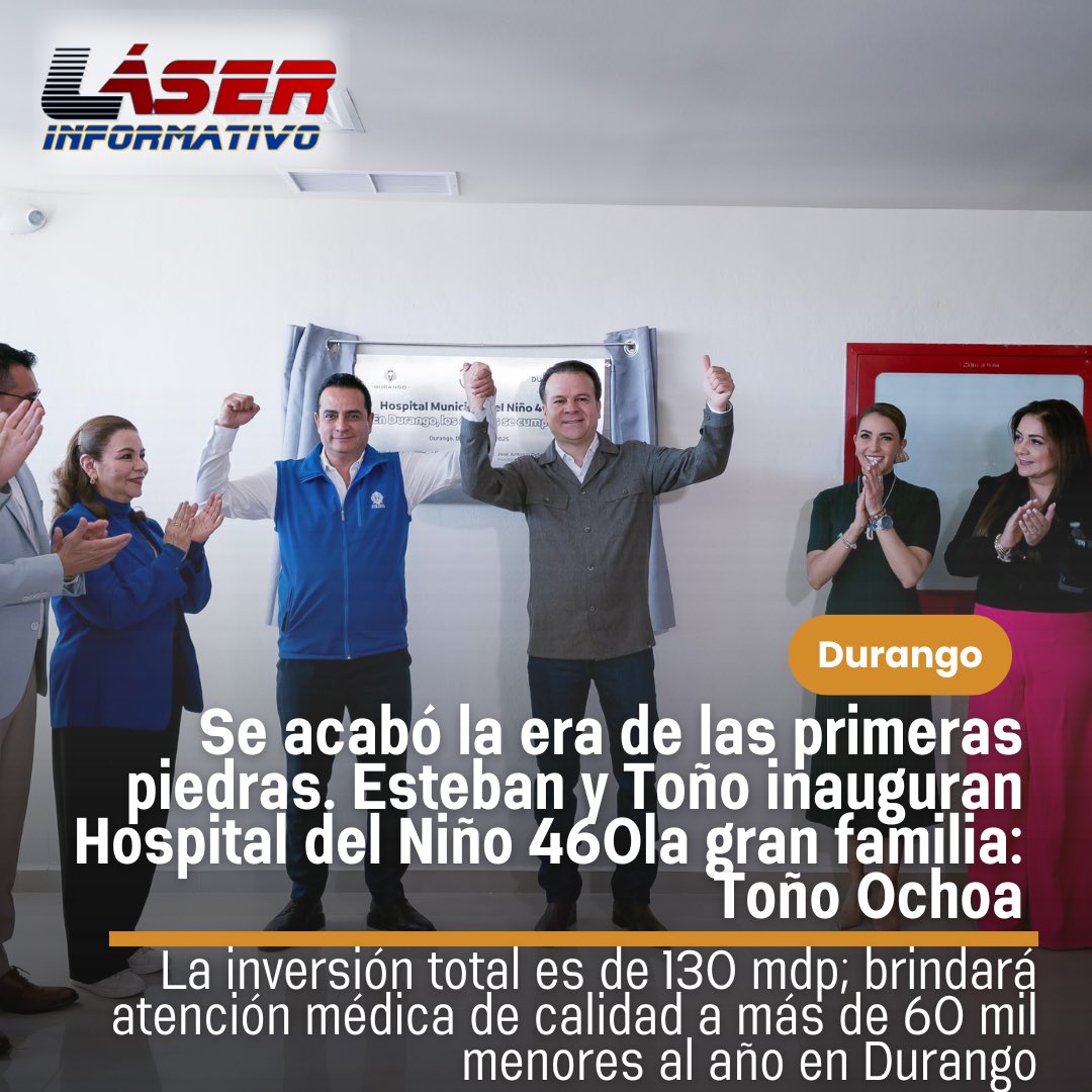 LaloSerranoZ's tweet image. #LaserInformativo

#Durango|| Se acabó la era de las primeras piedras. Esteban y Toño inauguran Hospital del Niño 460

Con una inversión total de 130 millones de pesos, el gobernador @EVillegasV y el alcalde @josejoseantonio inauguraron el Hospital Municipal del Niño 460 #HMN460,…