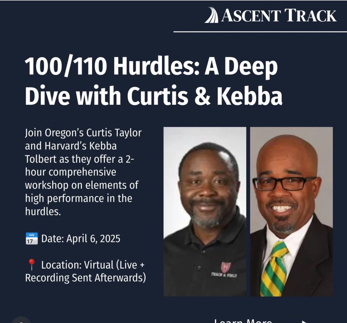 kebbat's tweet image. 🔥Sunday, April 6th🔥
100/110H - A Deep Dive w/ Curtis & Kebba @ctsprint2
2 hrs!!
Signup here:
ascenttrackclinics.com/workshops/100-…
🚨Early bird pricing - 25% off (earlybirdhurdles) ⏰