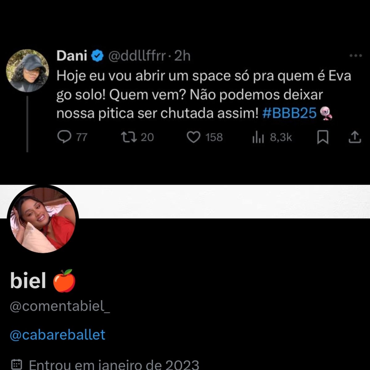 focalizeofc's tweet photo. Fantástico esses dois perfis uma é ex ADM da eliminada Aline e outra @comentabiel_ nunca foi Eva eles estão mudando o icon para tentar colocar uma torcida contra a outra. https://t.co/gApISqwPf5
