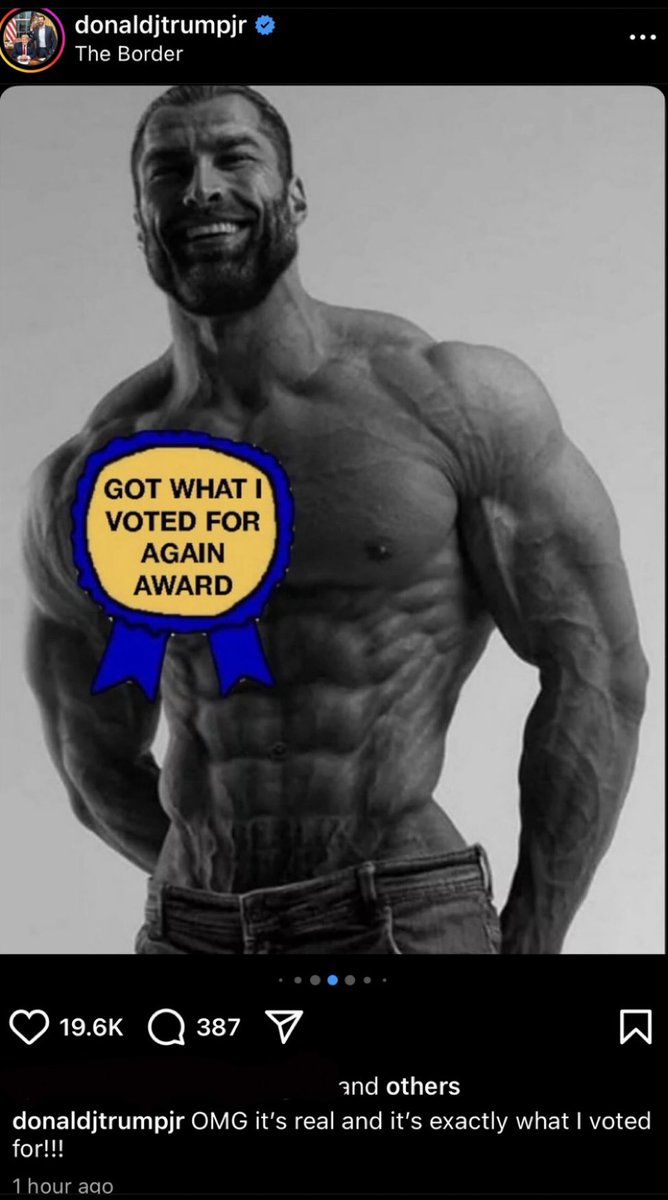 Why did Donald Trump Jr. post a $GIGA meme to his 9m followers?

Real memes will never die, they are part of history/culture. 

Like tales of Alexander the Great or kids studying the civil war.

History/Culture lives forever.

In 100 years, they will still be using the gigachad