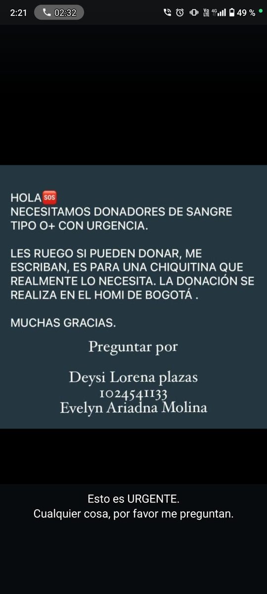 Kanabico Objetor 🍁 (@elantimili) on Twitter photo Vea, con el CORAZÓN EN LA MANO y con un dolor profundo vengo a SUPLICAR AYUDA.
🚨NECESITAMOS DONACIONES DE SANGRE 🩸 PARA MI SOBRINA EVELYN DE 1 AÑO DE EDAD EN BOGOTÁ 🚨
LES IMPLORO QUE ME AYUDEN A DIFUNDIR, ES DE VIDA O MUERTE 😭😭😭 <a href="/MONYRODRIGUEZOF/">MÓNICA RODRÍGUEZ 🐤</a> <a href="/AlexaRochi__/">Alexa Rochi 📸</a> <a href="/veliamares/">Velia Vidal</a> Vea, con el CORAZÓN EN LA MANO y con un dolor profundo vengo a SUPLICAR AYUDA.
🚨NECESITAMOS DONACIONES DE SANGRE 🩸 PARA MI SOBRINA EVELYN DE 1 AÑO DE EDAD EN BOGOTÁ 🚨
LES IMPLORO QUE ME AYUDEN A DIFUNDIR, ES DE VIDA O MUERTE 😭😭😭 <a href="/MONYRODRIGUEZOF/">MÓNICA RODRÍGUEZ 🐤</a> <a href="/AlexaRochi__/">Alexa Rochi 📸</a> <a href="/veliamares/">Velia Vidal</a>