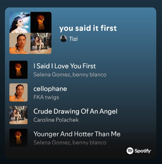 tiziraree's tweet image. Selenators and fandoms if you want to help with the stream of Selena and Benny's new album I made this playlist for you to use🖤 open.spotify.com/playlist/6qQ2h…
#SelenaGomez #ISaidILoveYouFirst