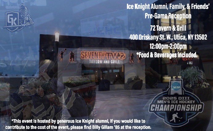 Cheer on your Ice Knights as they compete in the NCAA D III Frozen Four on Friday, 3/28 at 3pm in Utica, NY! Purchase tickets (almost sold out, act fast) &amp; join us for a pregame reception. Ice Knight alumni, family, &amp; friends’ welcomed! Learn more at bit.ly/GSUfrozenfour!