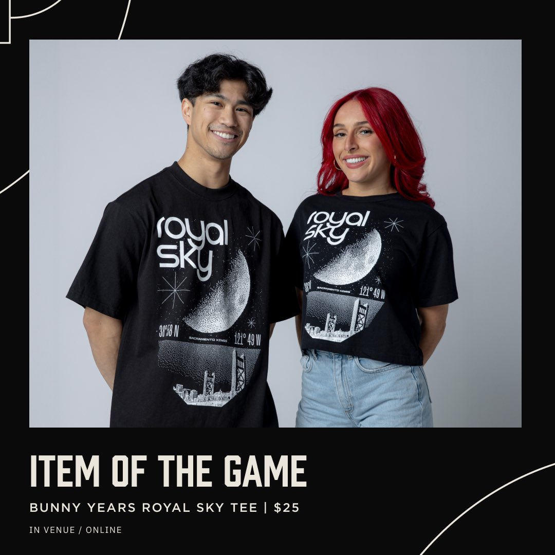 KingsTeamStore's tweet image. 🤝Teamed up with The Bunny Years for tonight’s item of the game drop! 

🌌Grab the Kings Royal Sky Tee for the one-time low price of $25. Retail $39.99.

👕Available in regular fit and Women’s cropped.

➡️Shop now at Kingsteamstore.com