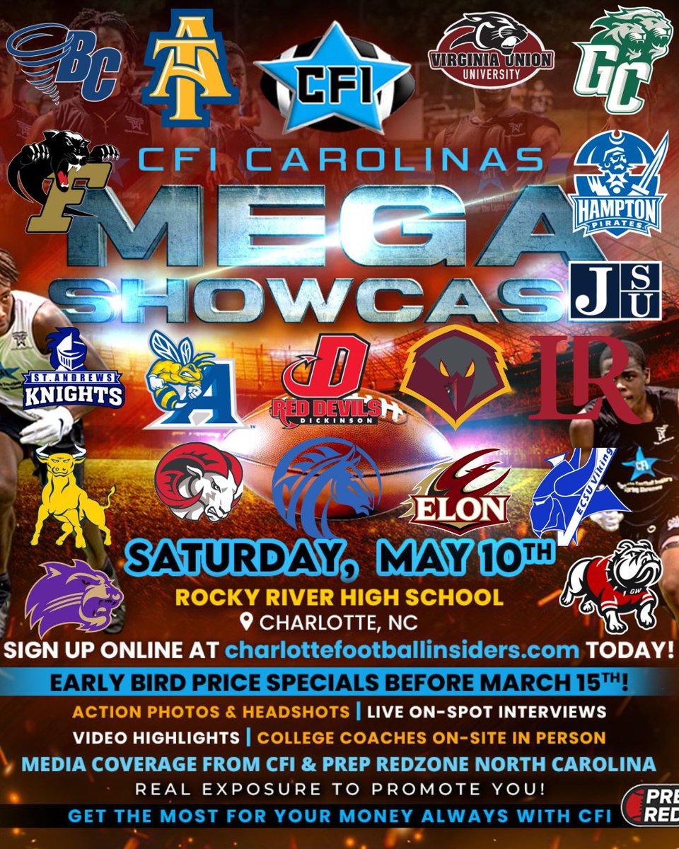 The CFI Carolinas Mega Showcase is nearing 20 confirmed colleges. DO NOT want to miss this event! Price goes up THIS weekend! Register today! charlottefootballinsiders.com