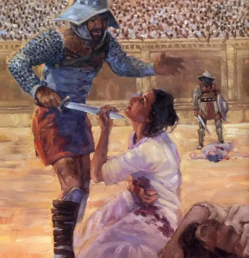 autocorrect2_0's tweet image. She walked into the Roman arena where the wild beasts awaited her. She trembled not from fear but from joy. Her name was Vibia Perpetua. She was just 22, a young mother singing hymns as the crowd jeered and a lion, leopard and wild cow encircled her.

One of the beasts attacked,…