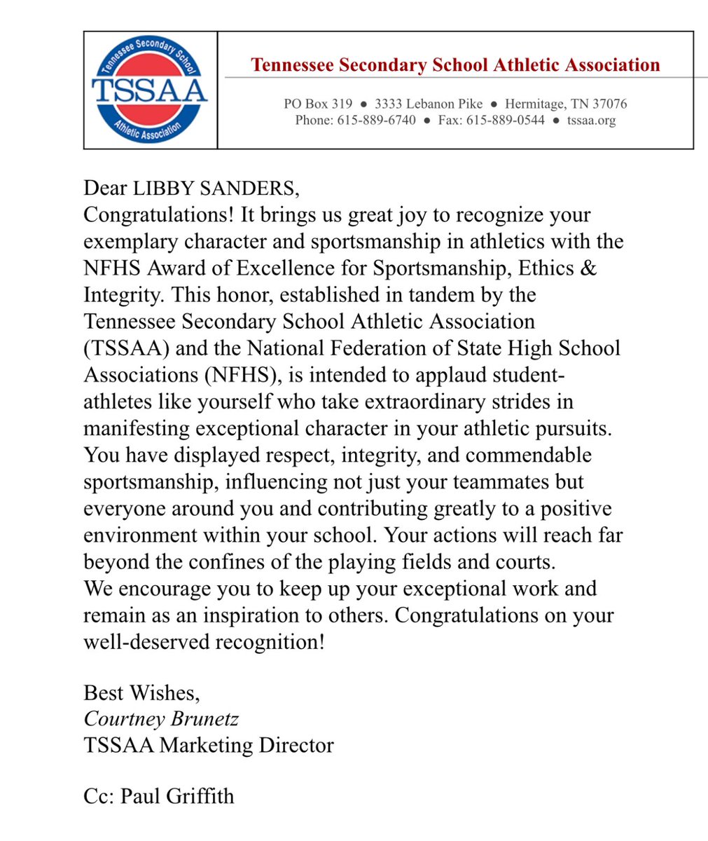 Congratulations to Libby Sanders on receiving the NFHS Award of Excellence. Her name is listed under TSSAA.
We are proud of you. You have  shown us hustle, a positive attitude, an excellent teammate, and so coachable. You have a gift to make others feel seen and loved. Go 14!!