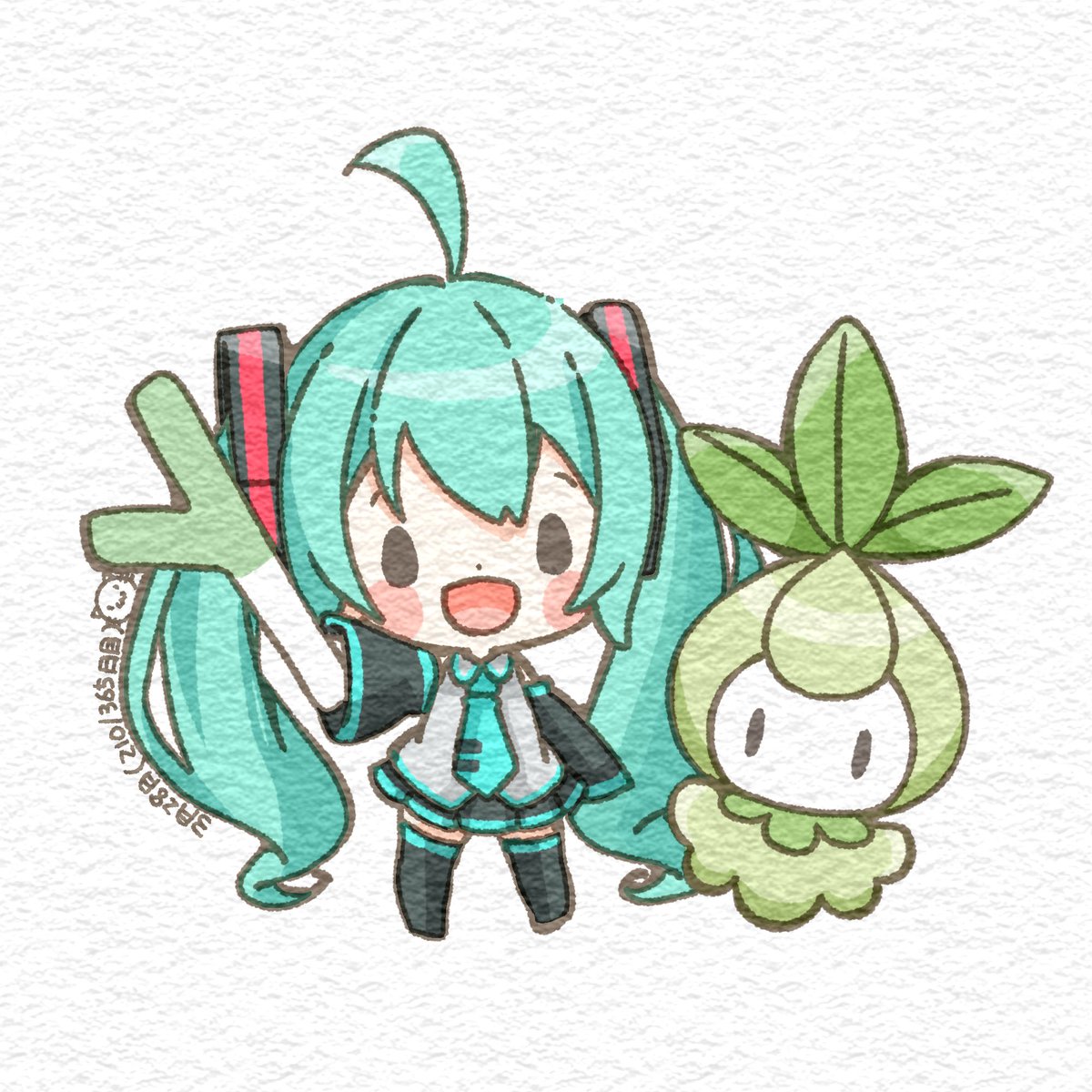 3月28日 #今日は何の日 （210/365日目）
今日は、三つ葉の日でもあるらしいです。

一日よい日になりますように・・・🎵

#三つ葉の日　#ボカロ　#初音ミク　#チュリネ　#一日一絵　#ミニキャラ　#イラスト