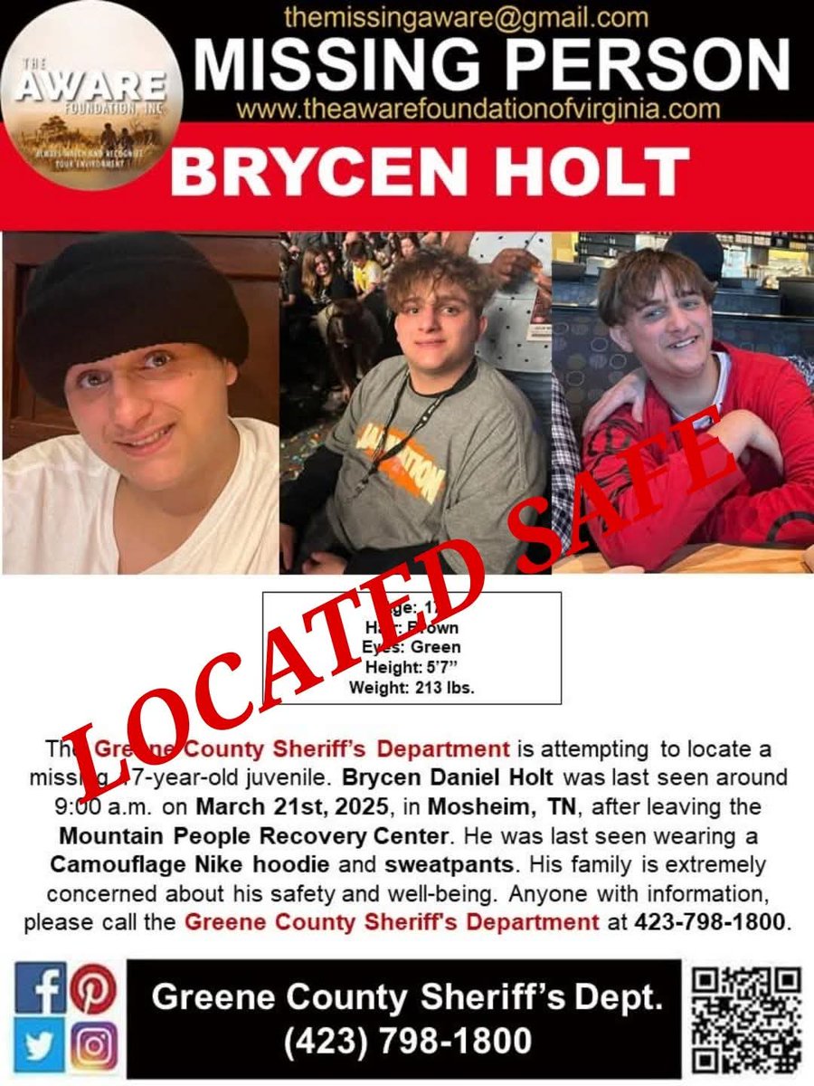 aware_the's tweet photo. UPDATE: Brycen has been located and is SAFE.  Thanks again for your help. 

#BrycenDanielHolt #missingintennessee #mosheimtn #greenevilletennessee #MissingJuvenile #TheAWAREFoundationInc https://t.co/rvKDwVJcW7