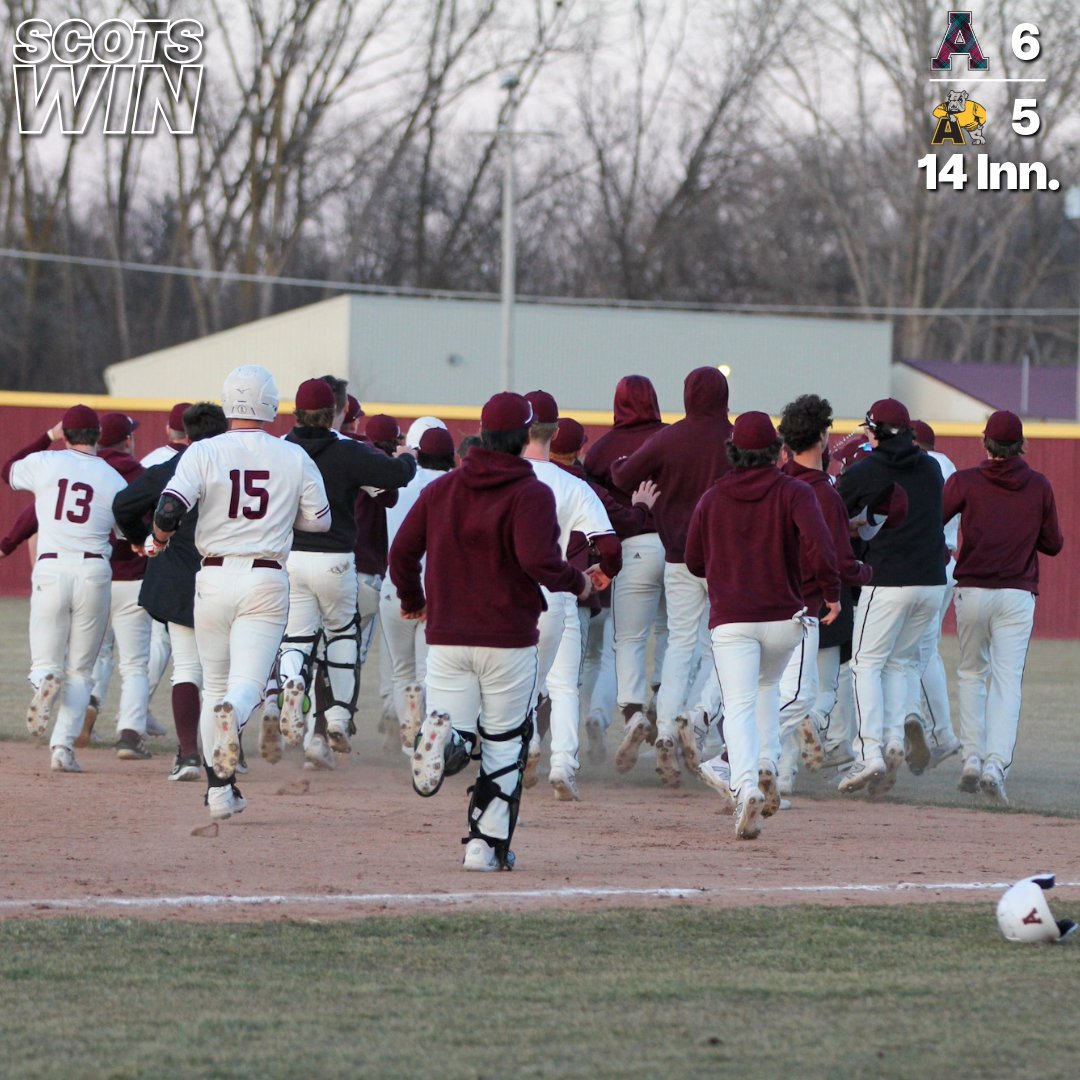 Over three hours later... Baseball finds a way to walk it off versus Adrian in the 𝟭𝟰𝘁𝗵 𝗜𝗻𝗻𝗶𝗻𝗴, securing a home opener #SCOTSWIN and move to 1-0 in MIAA Conference play!