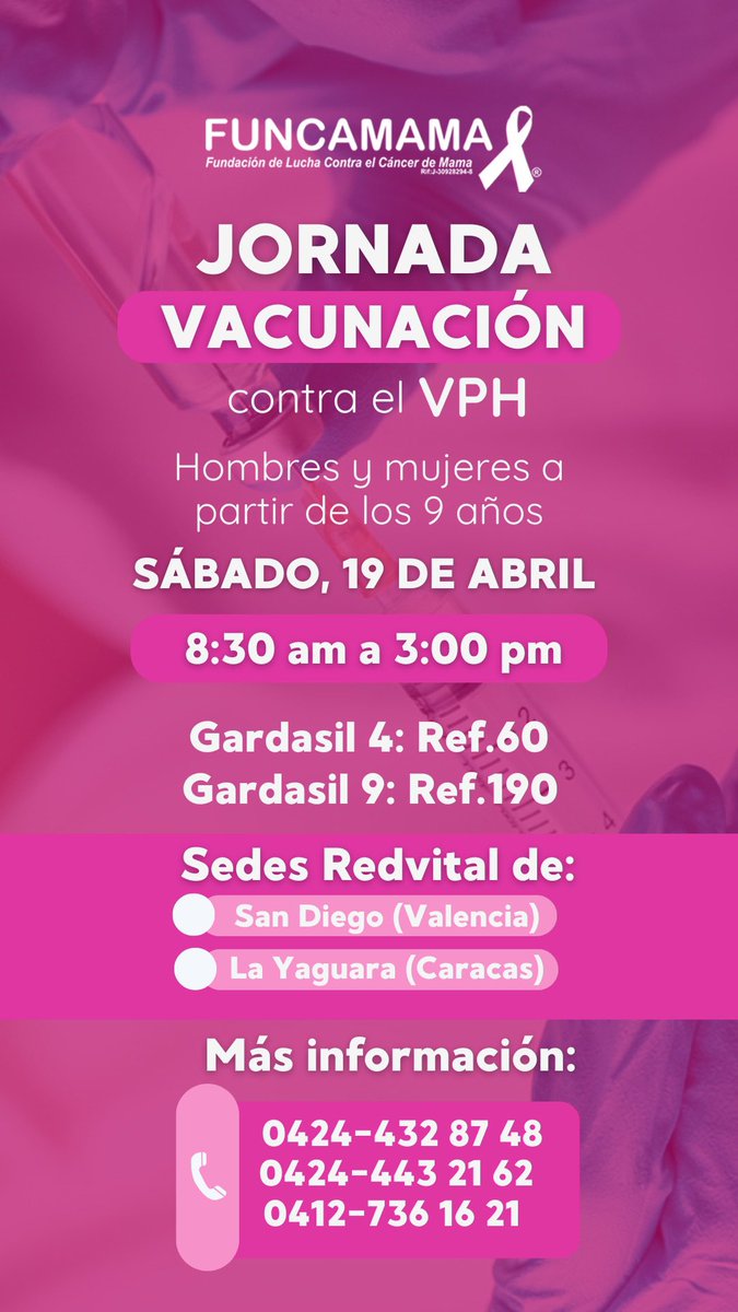 La vacuna es la mejor manera de prevenir la infección por VPH 💉

🦠8 de cada 10 personas sexualmente activas podrían contraerlo en algún momento de sus vidas. 

🗓️El próximo sábado 19 de abril tendremos nuestra próxima jornada de vacunación.