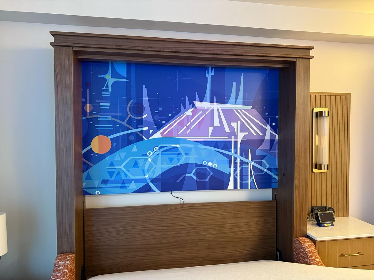 Here’s one of the new art I did for the newly renovated bay lake tower at #Disney contemporary resort. This headboard piece is hidden behind the Murphy bed, the night time #Tomorrowland revealed once the bed pull down.  Thanks to @thedvcshow for the picture.