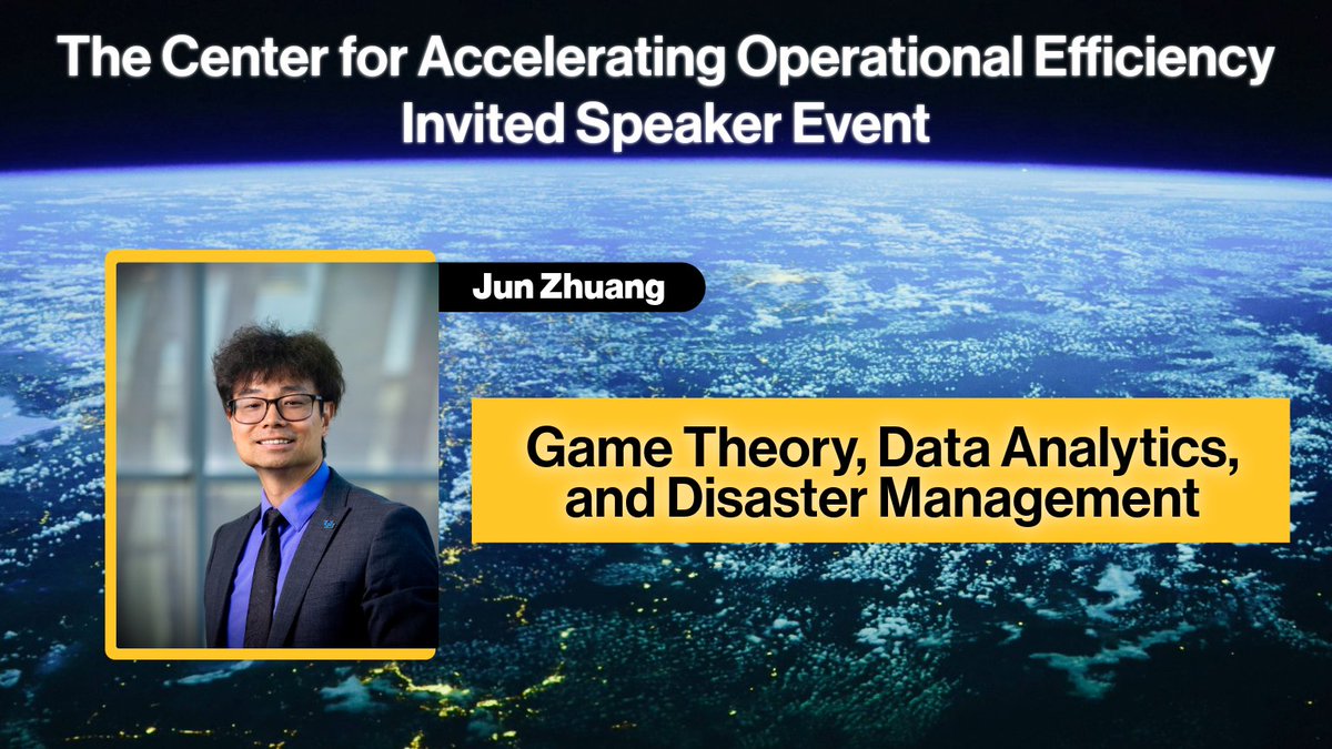 Excited to have Dr. Jun Zhuang as a guest speaker! 🎉🎤

"Game Theory, Data Analytics, and Disaster Management"
📅 April 10, 2025
🕘 9:00 AM (PT) | 12:00 PM (ET)
🔗 Learn more and attend: ow.ly/kIG250Vqau3

<a href="/dhsscitech/">DHS S&T</a>
#DHS_COE_research 
#CAOE #ASU
