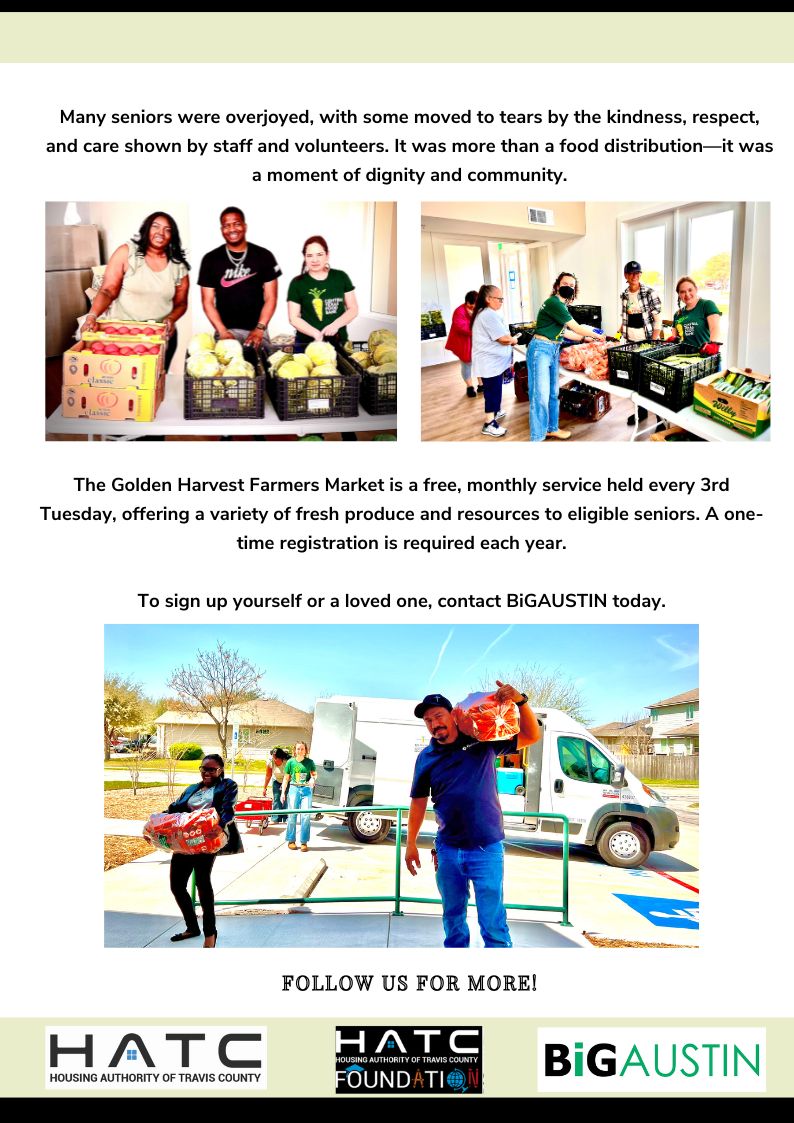 hatctx's tweet image. The Golden Harvest Farmers Market was a heartwarming success! Over 31 senior residents received fresh, nutritious produce—completely free of charge! Thank you to BiGAUSTIN, Carleton Companies, and the Central Texas Food Bank!