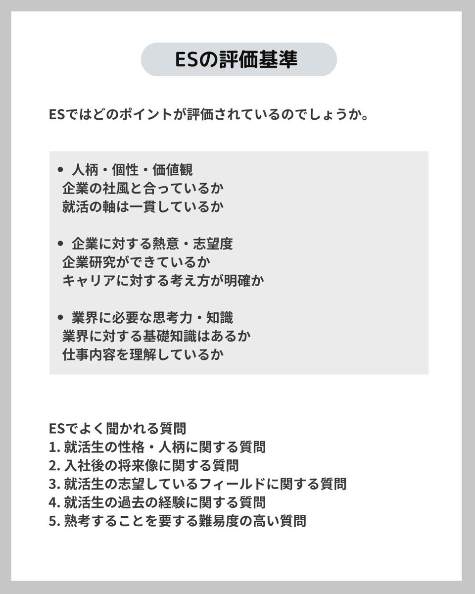 【ESでは何を評価されるの？】
内定獲得に向けて避けては通れないESではどのようなことが評価されているのでしょうか？

特に指定がない場合は以下の三つの能力が求められる傾向にあります：
１チャレンジ精神
２リーダーシップ
３協調性

これらを意識してES作成に取り組みましょう！