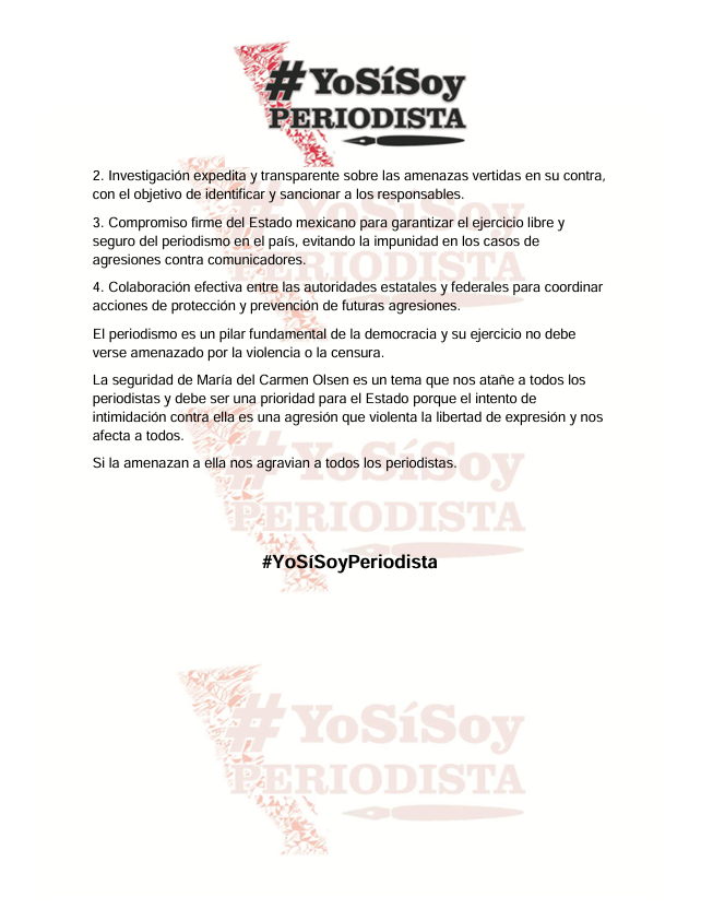 En el Colectivo #YoSíSoyPeriodista expresamos nuestra más profunda preocupación por la reciente amenaza que presuntamente ha realizado un grupo criminal en un video expuesto en redes sociales contra la periodista María del Carmen Olsen, donde ha sido objeto de intimidaciones.