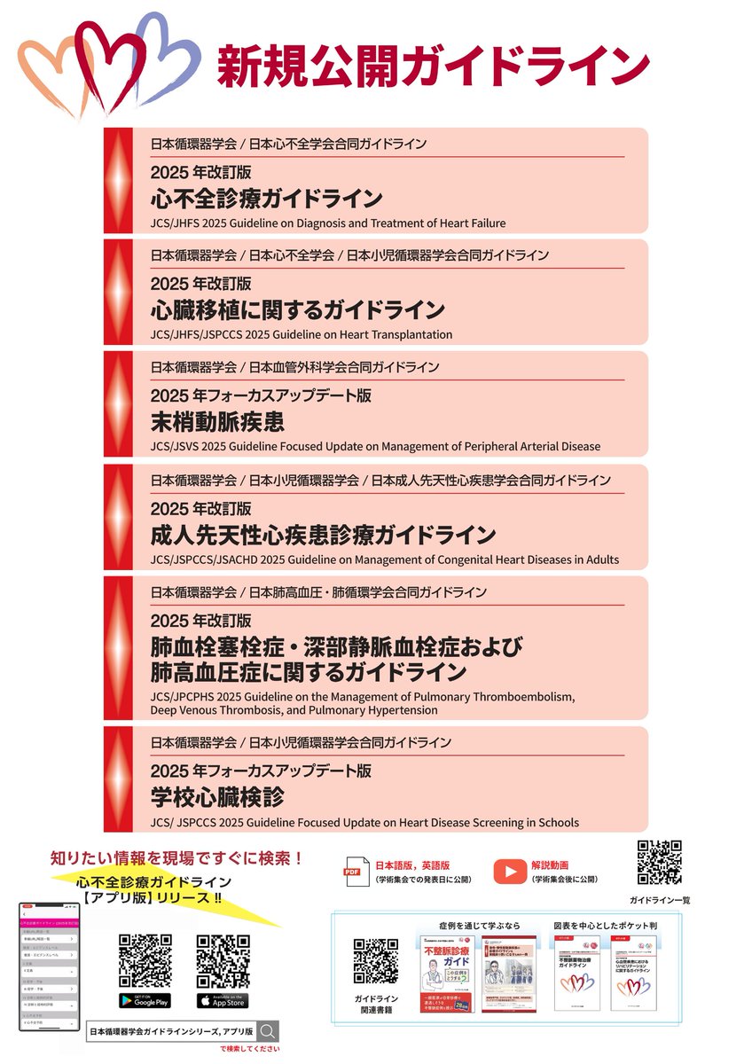 📢本日29日(土)発表ガイドライン公開！
j-circ.or.jp/guideline/guid…
このあと8:00~＠第2会場(会議センター1階)で解説します！
✅ #肺血栓塞栓症 ・ #深部静脈血栓症 および #肺高血圧症 ガイドライン
✅ #成人先天性心疾患 診療ガイドライン
✅ フォーカスアップデート版 #学校心臓検診
#25JCS