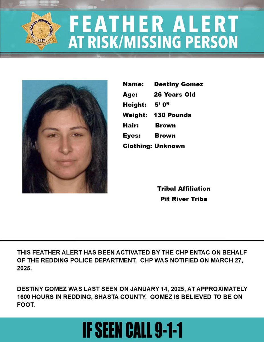 CForeman31's tweet image. FEATHER ALERT
 Shasta, Tehama, Alameda, San Francisco Counties California 
Last seen: Vansicklen Way and Alamine Drive, Redding 
@ReddingPolice

IF SEEN, CALL 9-1-1
#MMIW #FeatherAlert