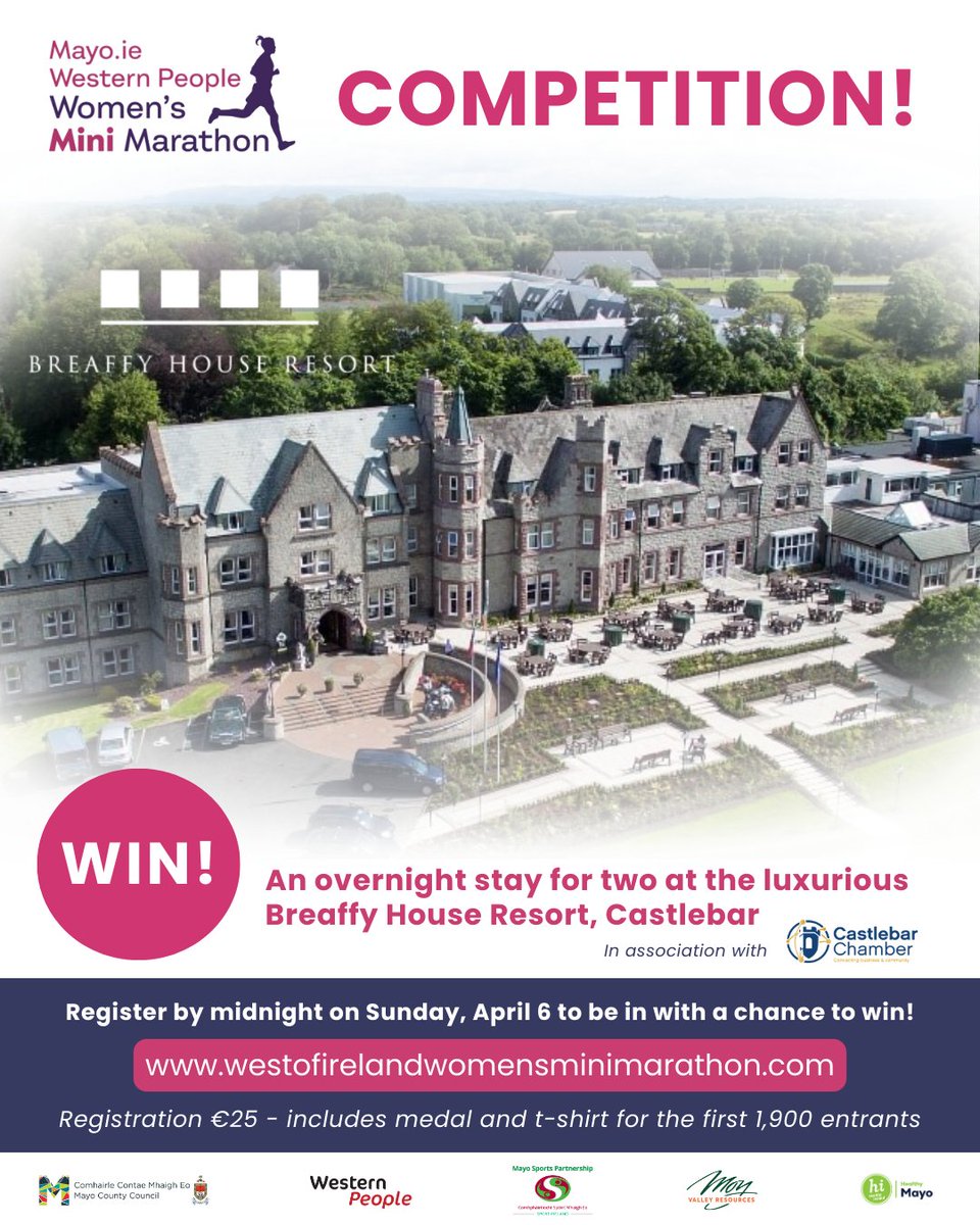 Mayo.ie Western People Women's 10k Mini Marathon (@woiminimarathon) on Twitter photo 🏃♀️WIN! 🏃♀️
Register for the <a href="/MayoDotIE/">Mayo.ie</a> <a href="/WesternPeople/">Western People</a> Women's Mini Marathon by midnight on Sunday, April 6 to be in with a chance of winning an overnight stay for two in the magnificent <a href="/BreaffyResort/">Breaffy House Resort</a>!
Register 👉 westofirelandwomensminimarathon.com
With thanks to <a href="/CastlebarChambr/">Castlebar Chamber</a>
#WOIMM25 🏃♀️WIN! 🏃♀️
Register for the <a href="/MayoDotIE/">Mayo.ie</a> <a href="/WesternPeople/">Western People</a> Women's Mini Marathon by midnight on Sunday, April 6 to be in with a chance of winning an overnight stay for two in the magnificent <a href="/BreaffyResort/">Breaffy House Resort</a>!
Register 👉 westofirelandwomensminimarathon.com
With thanks to <a href="/CastlebarChambr/">Castlebar Chamber</a>
#WOIMM25