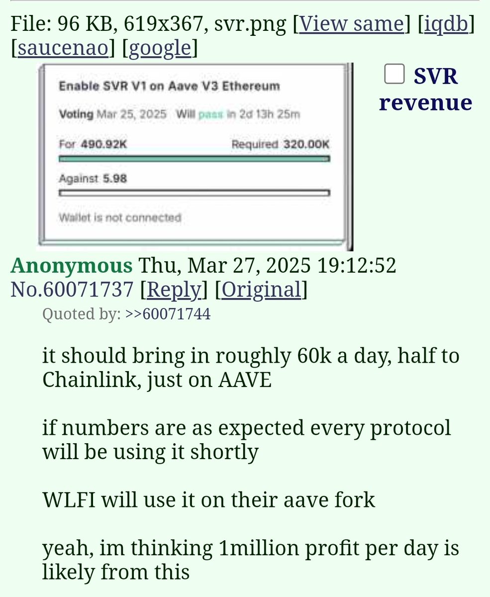 bob4punk's tweet photo. $Link at 1st 60k a day to Chainlink a day... this would be based on like 50million a year split..AAVE gets 65% and Chainlink gets 35% of the share, but...
Look at the bigger picture. When the next app adopts this, 0% from that project will go to AAVE, but 40% of it will go to Chainlink. And when the next next project adopts this SVR? Same thing again, 0% to AAVE and 40% to Chainlink. ad infinitum. It is bullish for AAVE, but ESPECIALLY BULLISH for Chainlink. Eventually every dapp will adopt to cut off the
 mev scum and take their cut back. 

It's simple... use svr get 60% back...or get 0.
