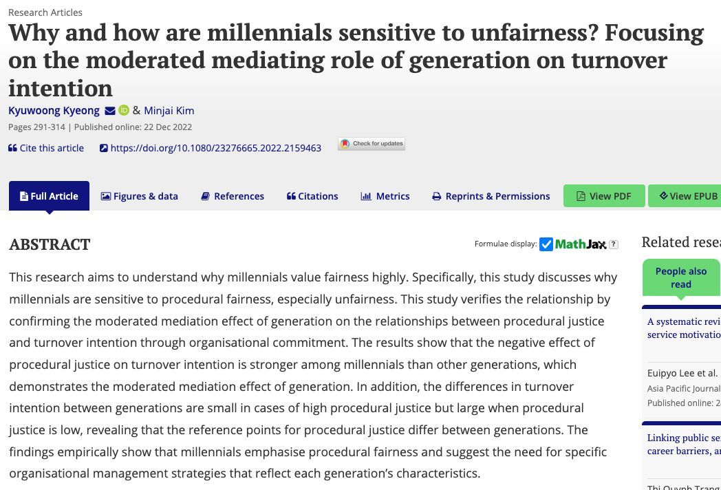 This #FF we look at Kyeong &amp; Kim's article on why millennials are sensitive to procedural fairness, especially unfairness using the concepts of procedural justice, turnover intention, &amp; organisational commitment tandfonline.com/doi/full/10.10…