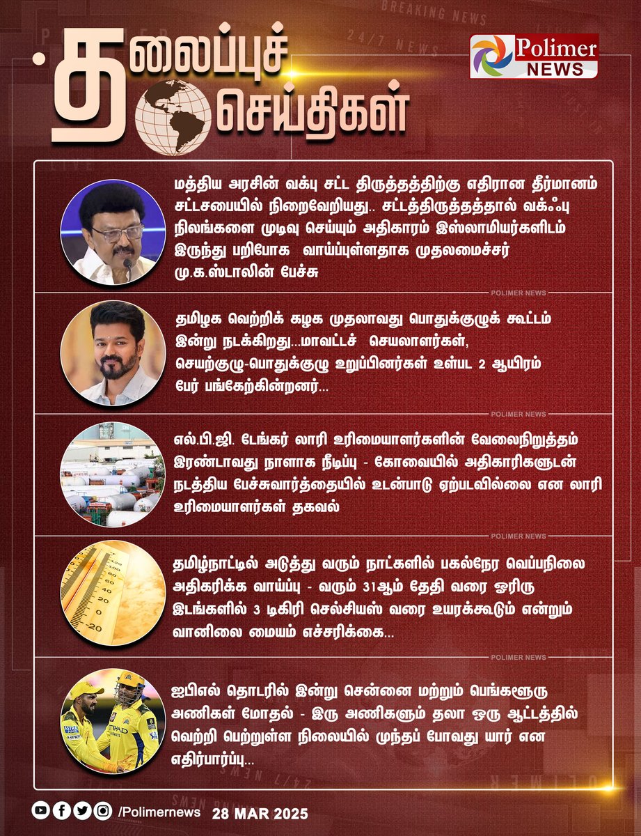 polimernews's tweet photo. #HEADLINES || தலைப்புச்செய்திகள் | #CSKVSRBC | #LPGGas | #Strike | #HeatWave | #CMMKStalin | #PolimerNews https://t.co/GVHaT95Wg7