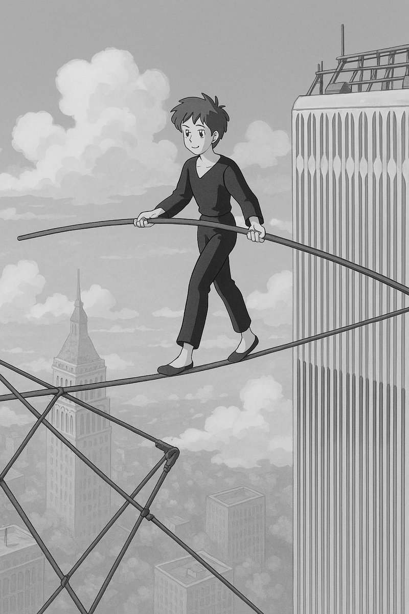 Hanantus's tweet photo. عارفة متأخرة على الترند #Ghibli #ChatGPT #غيبلي 
Philippe Petit's Twin Towers Walk https://t.co/GKzG5xYPqt