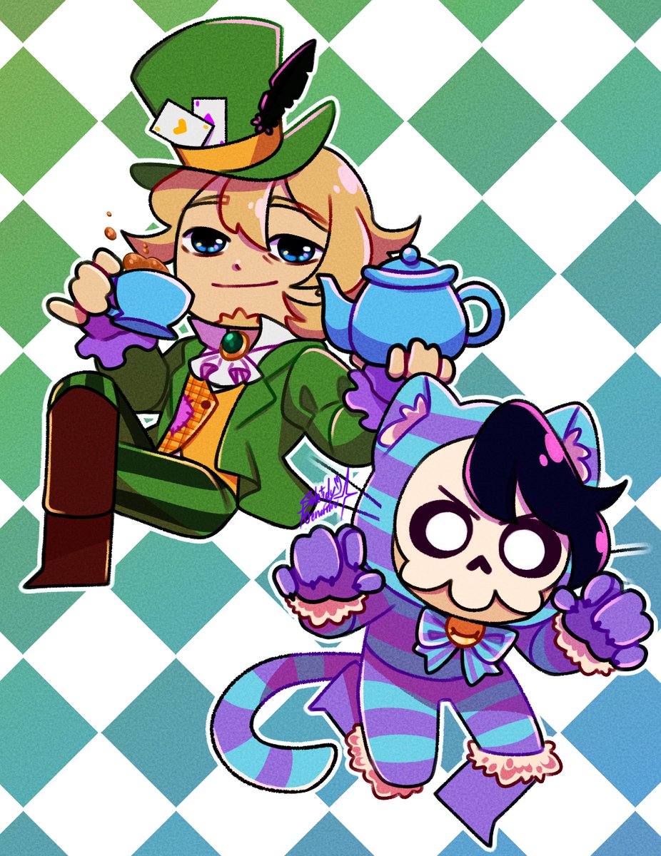 Deathduo en temática Alicia en el Pais de las Maravillas.
#deathduo #deathduofanart 
Adivinen quienes son los siguientes? :D
👑🥚🐰... 🌺🥚🫖