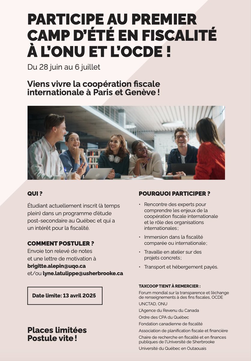 Après 2 ans de préparation, voici enfin le premier camp d'été en fiscalité à l'OCDE et à l'ONU ! 🌍✨ Ne manquez pas cette chance unique de vivre la coopération fiscale internationale à Paris et à Genève. Postulez dès maintenant !