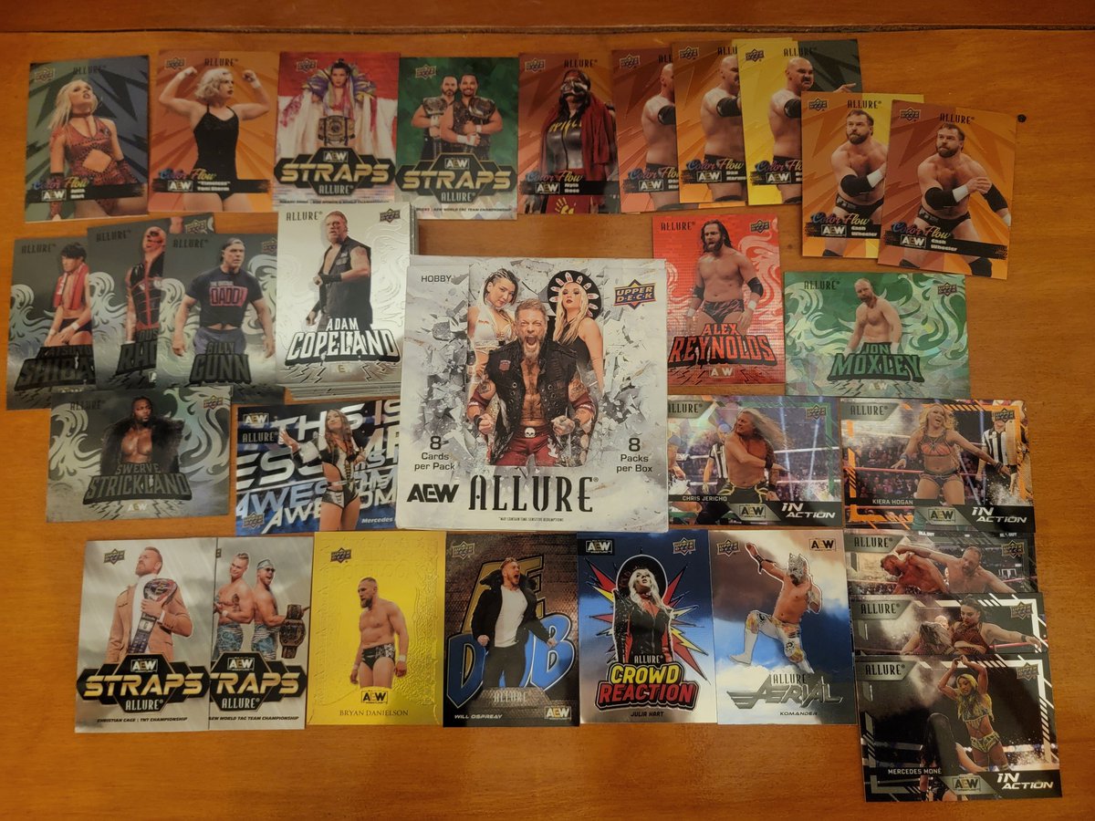 wrestlingcards's tweet image. #BoxBreak: 2024 @UpperDeckSports AEW Allure
-34 base
-4 black, 1 red, 1 green Mox #9/99
-2 Straps, 1 red, 1 green Bucks #47/99
-8 Colorflow
-2 In Action, 1 black rainbow, 1 orange slice, 1 green quartz
-1 This Is Awesome
-1 Aerial
-1 Crowd Reaction
-1 AE Dub
-1 Gold Doubloon