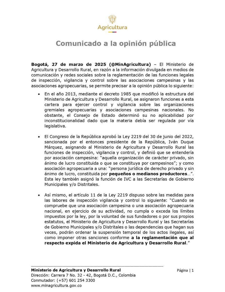 MinAgricultura's tweet photo. #Comunicado 🚨 | Con respecto a la resolución 052 de 2025, 📜 nos permitimos informar a la opinión pública las decisiones que sustentan la reglamentación de las funciones legales de inspección, vigilancia y control sobre asociaciones campesinas y agropecuarias. ⬇️ https://t.co/ChiPUSHe0T