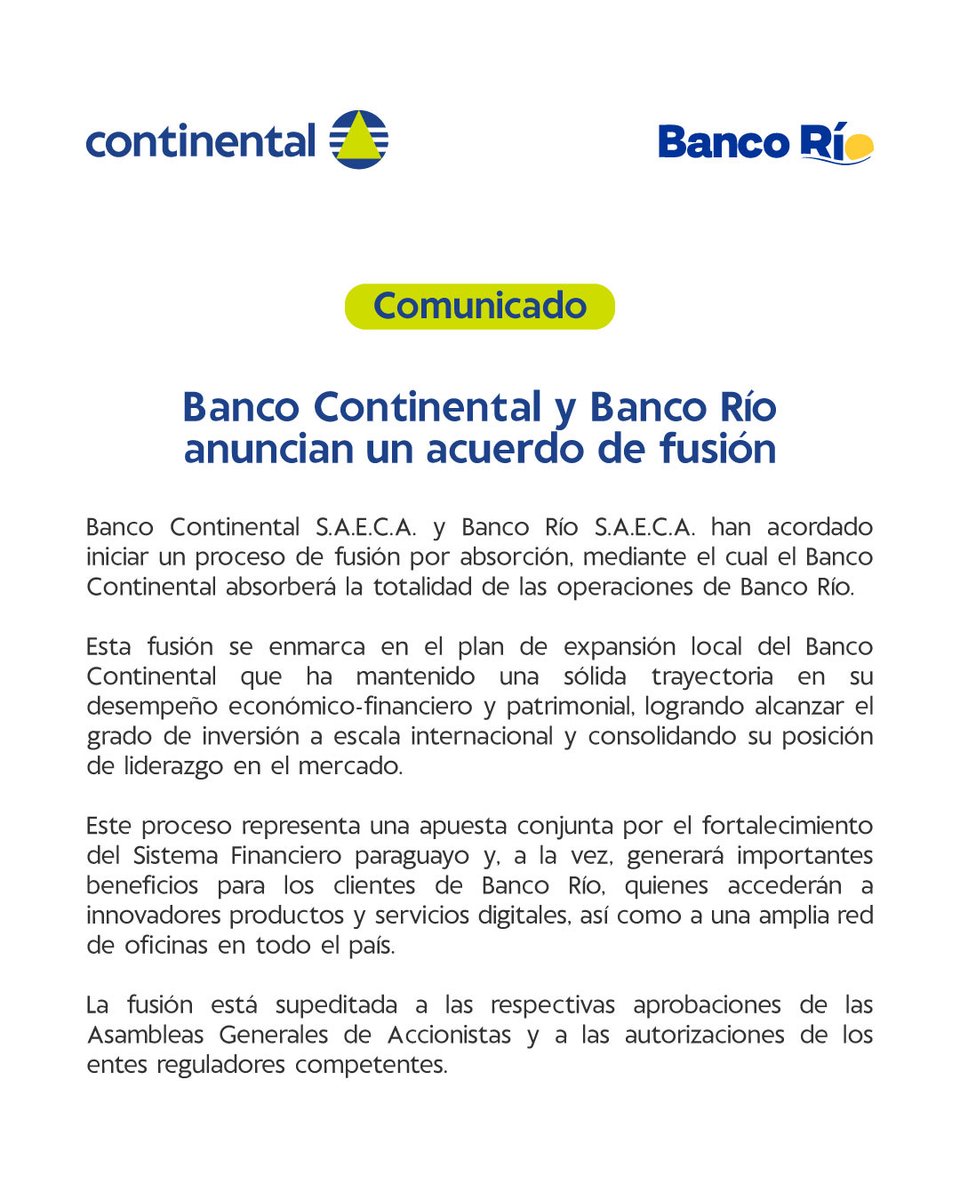 #AHORA Banco Continental y Banco Río anuncian un acuerdo de fusión por absorción