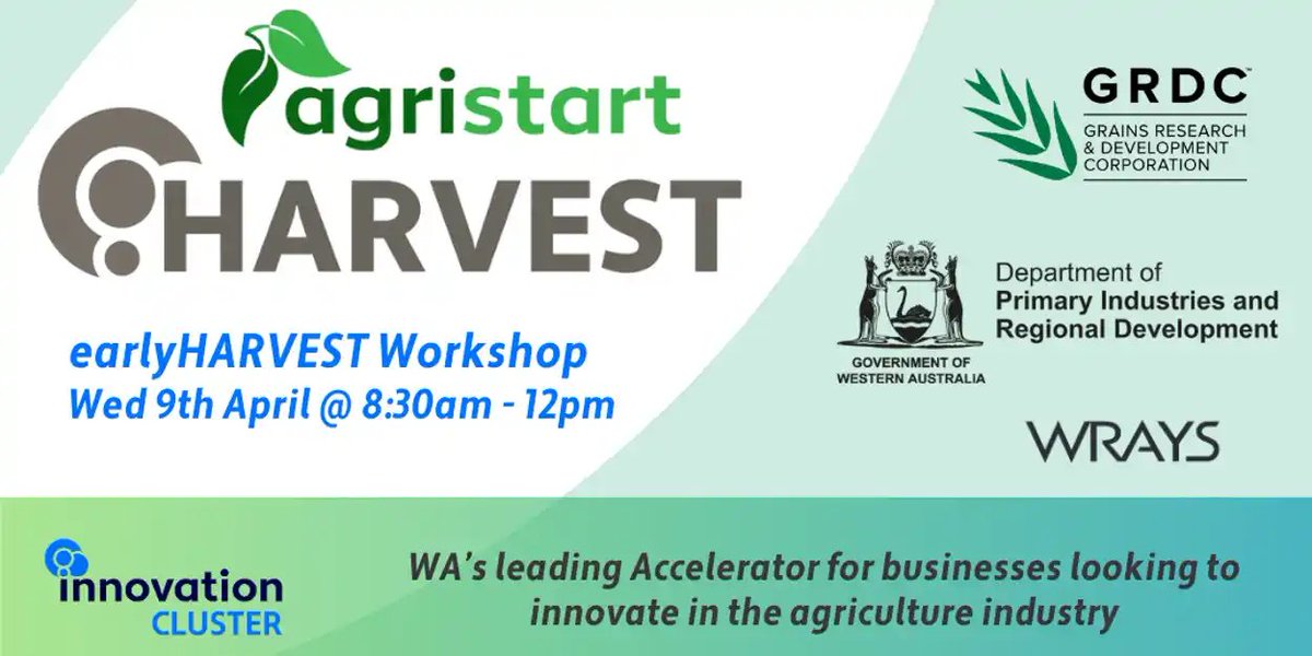 🚜 Are you an agtech startup, farmer, researcher, or business innovating in agriculture?

Apply for the <a href="/AgristartWA/">AgriStart</a> HARVEST program!

Join us at Wrays Perth on 9 April to learn how to accelerate your innovation.

🔗 events.humanitix.com/earlyharvest-a…

#AgTech #Innovation