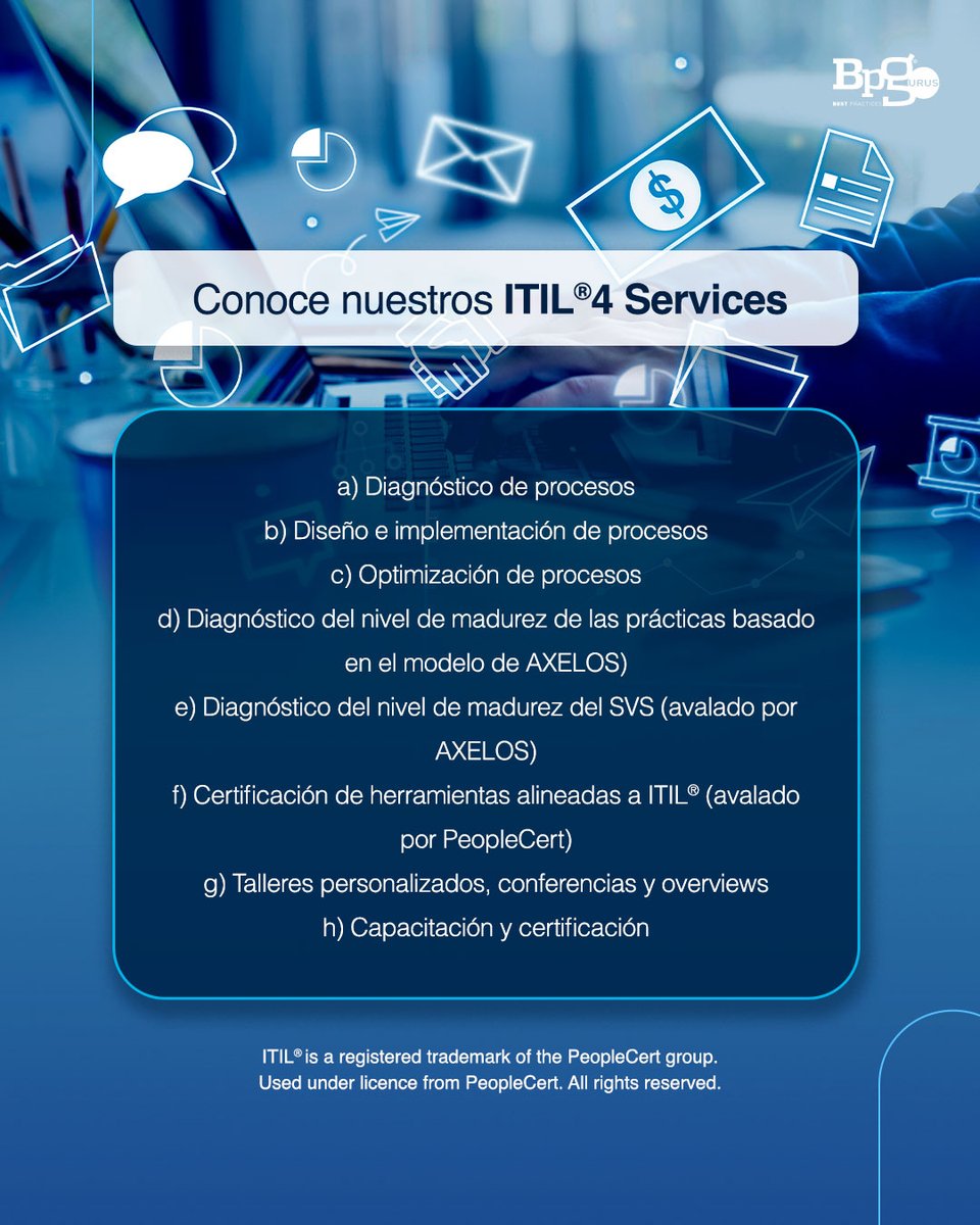 Nuestra línea #ITIL4 Services optimiza tecnologías digitales para crear valor, impulsar estrategias empresariales y adoptar la #TransformacionDigital, ¡contáctanos para saber más sobre este servicio! ➡ 56 2157 4674 o info@bpgurus.com